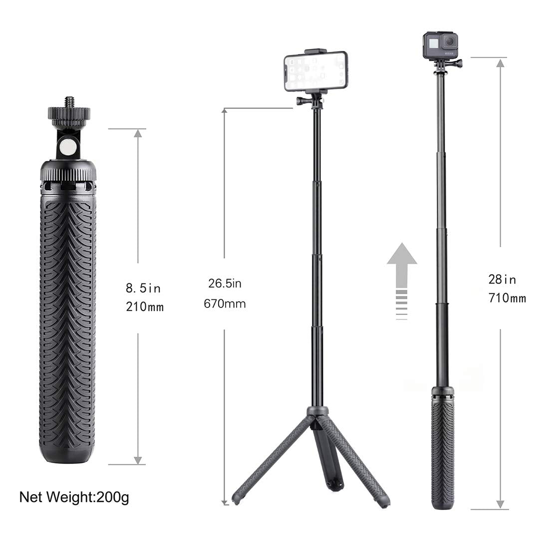 Qiuniu Extendable Selfie Stick/Handgrip/Monopod/Tripod For Gopro Hero 13 12 11 10 9 8 7 6 5 4 3 2 Session 2018, Acaso, Ek5000 Ek7000/Sjcam Sj4000 Sj500 Action Cameras, Cell Phones, Compact Digital Cameras