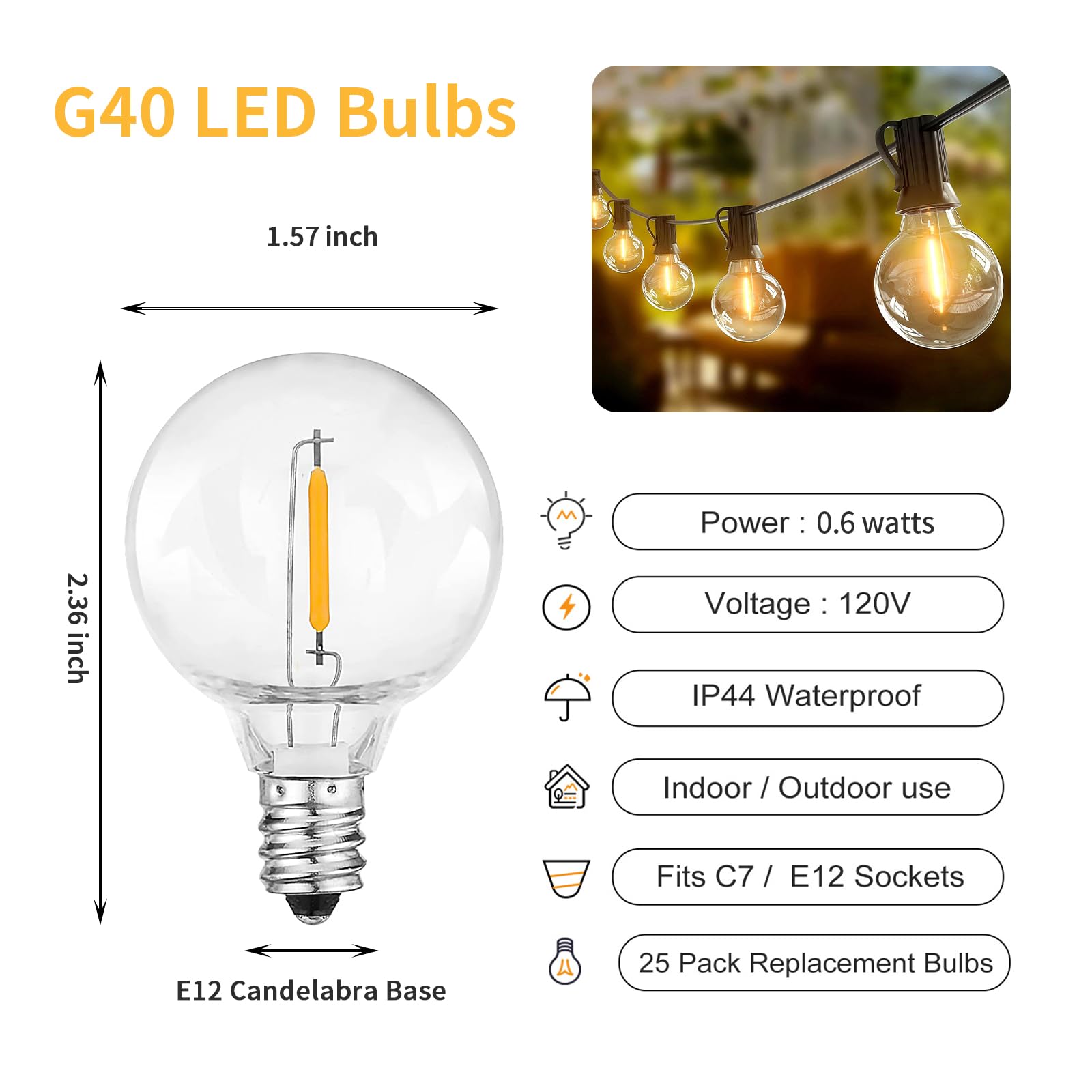 Chyparty G40 Led Replacement Light Bulbs, Clear Shatterproof Globe G40 Bulbs For Outdoor String Lights, Patio, Garden, Party, Wedding Decor- Dimmable