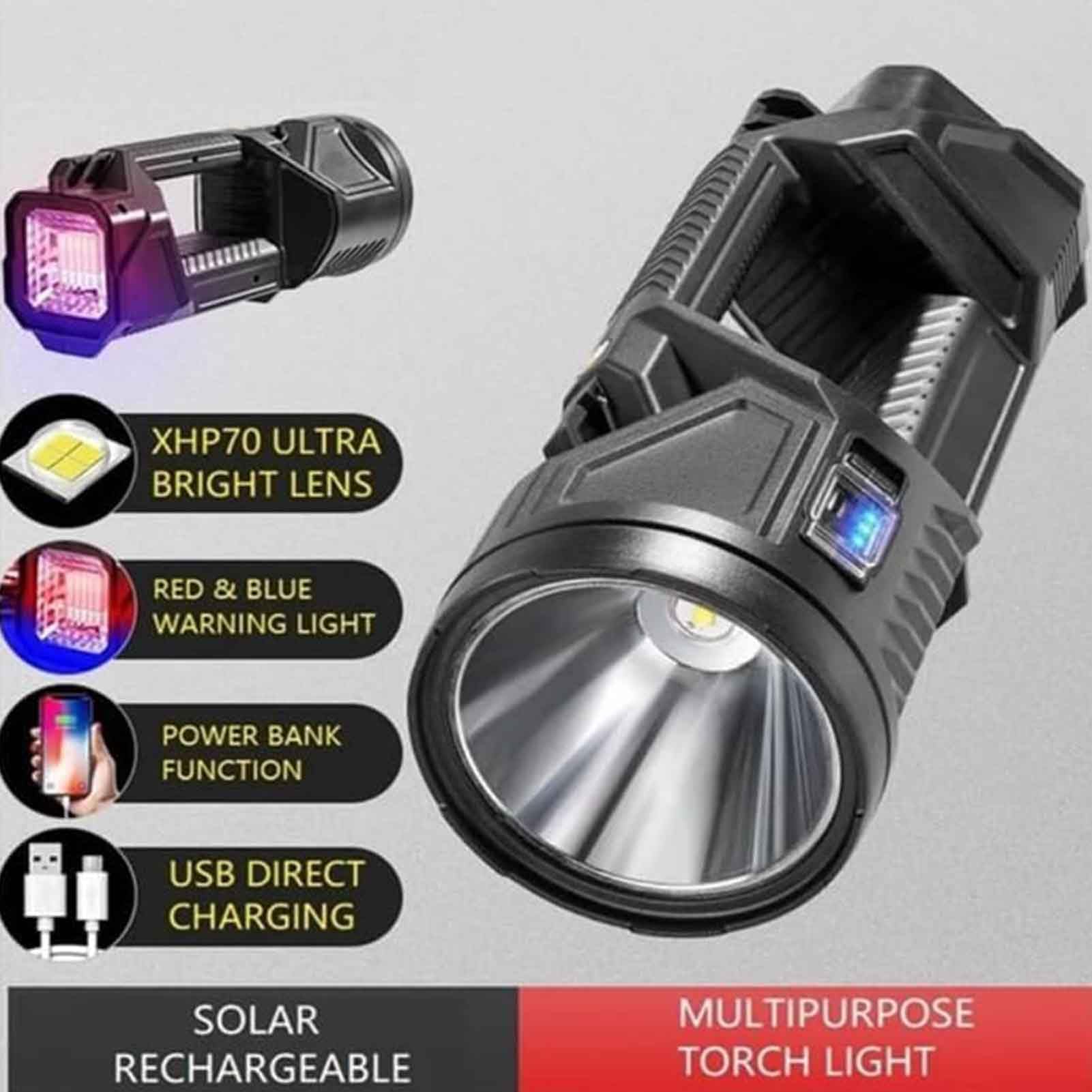 Miokuko  German 1000000 Lumens Waterproof Spot Lights Handheld Large Searchlight, Outdoor Searchlight, Super Bright Solar Spotlight Flashlight, Rechargeable Solar Utility Flashlight (S)