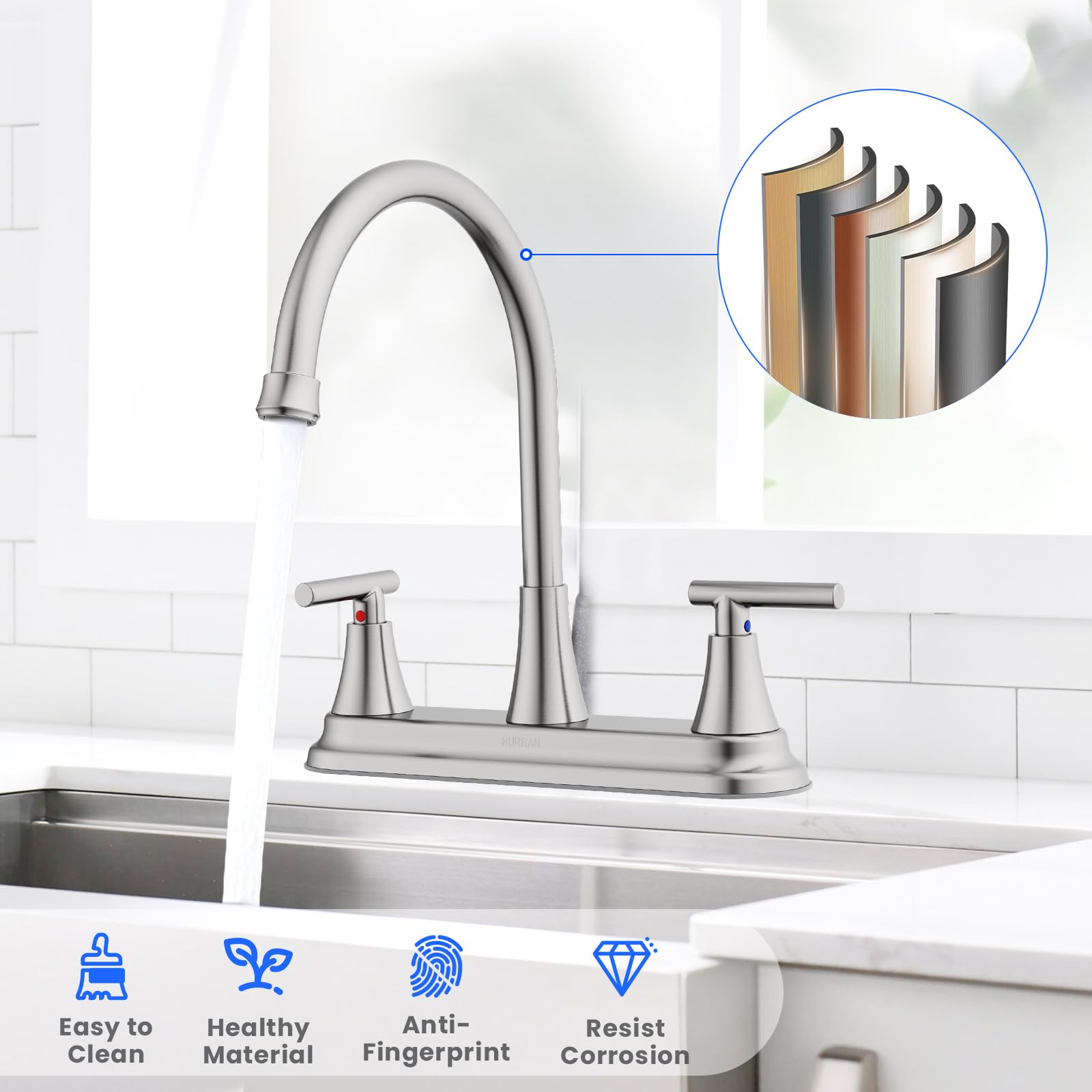 Hurran 2 Handle Kitchen Sink Faucet, 8 Inch High Arc 360°Swivel Kitchen Sink Faucet, 2 Or 3 Hole Kitchen Faucet Without Side Sprayer, Centerset Rv Kitchen Faucet With Stainless Steel Pipe, Nickel