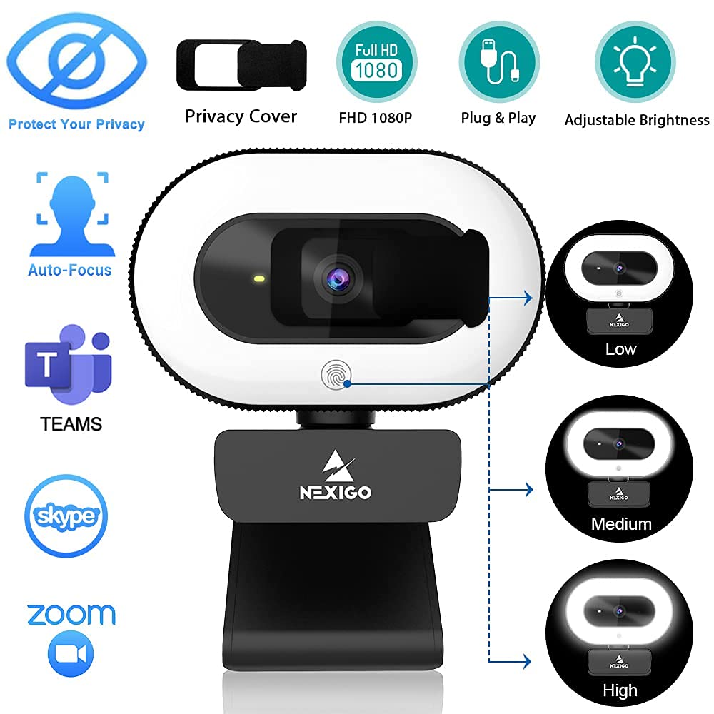 Nexigo 1080P Streaming Webcam With Mini Tripod Kits, N930E Autofocus Web Camera With Ring Light And Privacy Cover, Flexible Camera Tripod Stand, For Zoom/Skype/Teams, Mac Pc