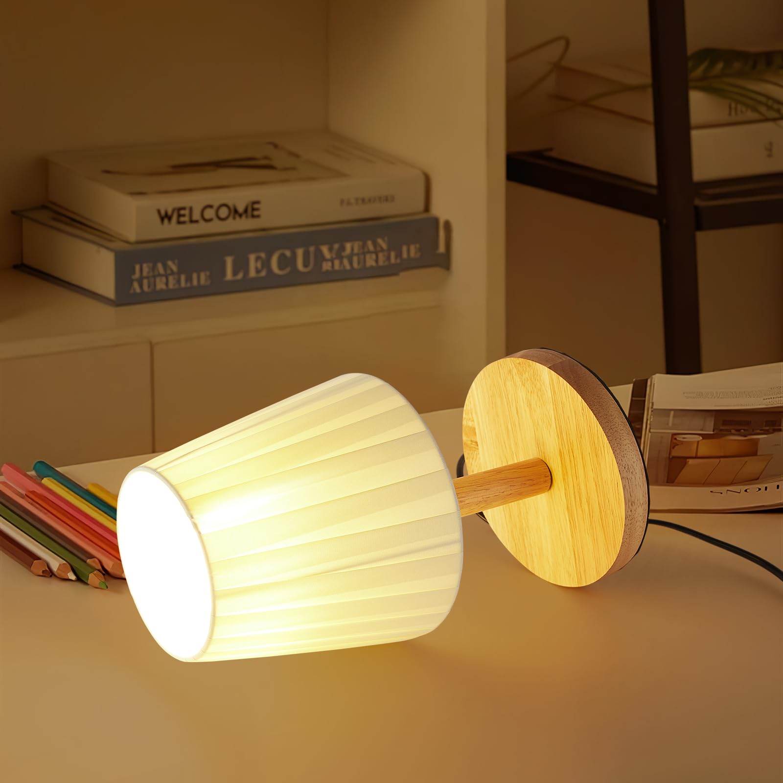 Cxwv Small Table Lamp Pale Yellow Simple Bedside Lamp Modern Desk Lamp Natural Nightstand Lamp With Yellow Hand-Folded Lampshade & Solid Wood Base For Living Room,Bedroom,End Table (Cx-Td-5)