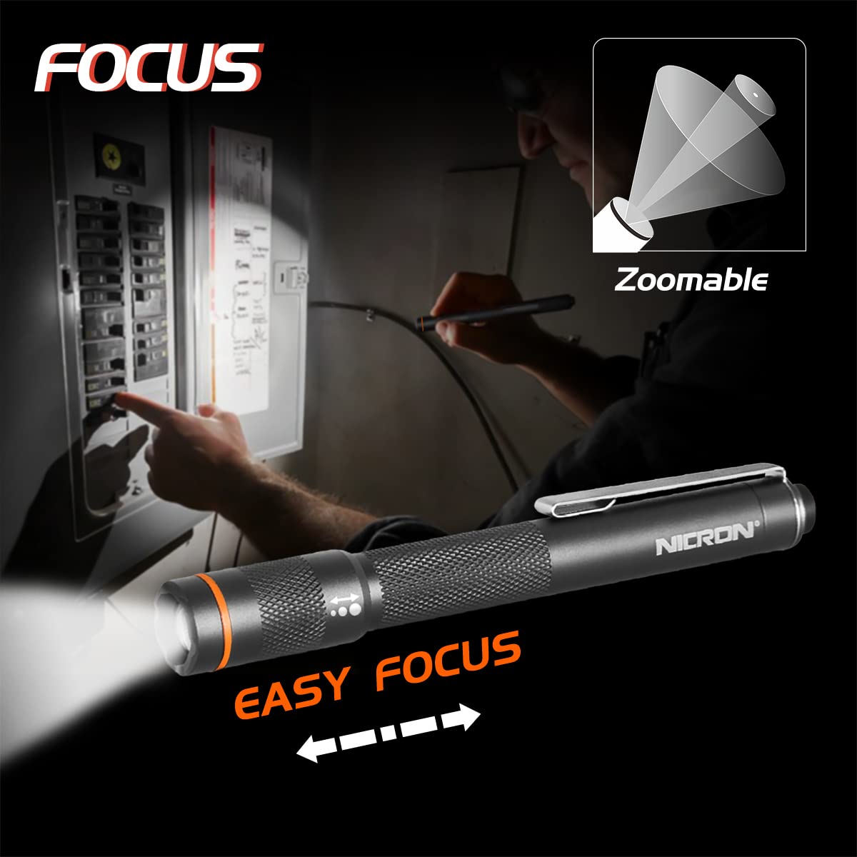 Nicron B22W Led Pocket Pen Light, Small, Compact, Portable, Zoomable Flashlight With Clip For Nspection, Camping, Outdoor, Everyday Use