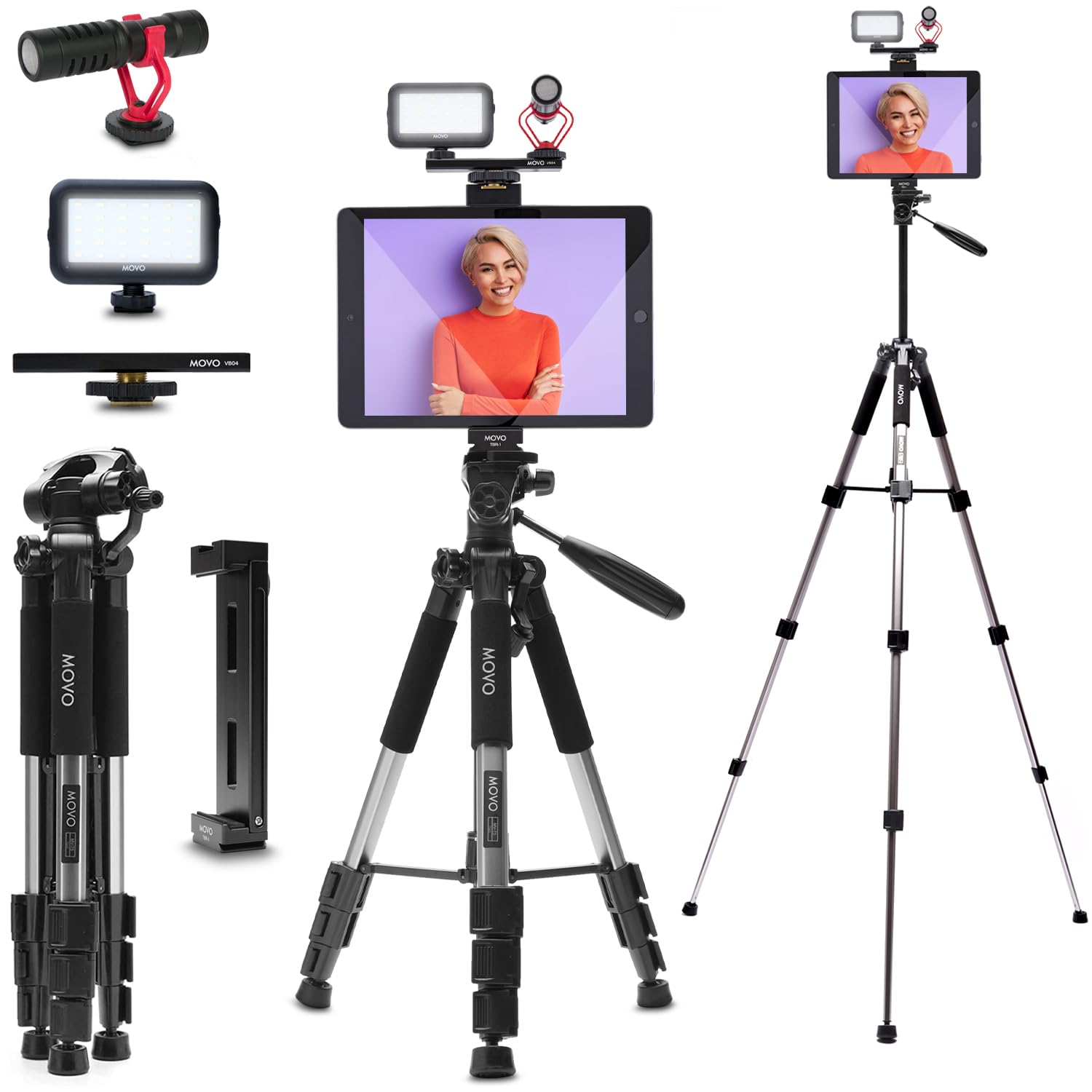 Movo Tablet Vlogging Kit For Ipad - Ipad Vlogging Kit With Tablet Holder, Full Size Tripod, Microphone, Led Light, Cold Shoe Extension - Youtube Starter Kit With Ipad Tripod Mount For Video Recording