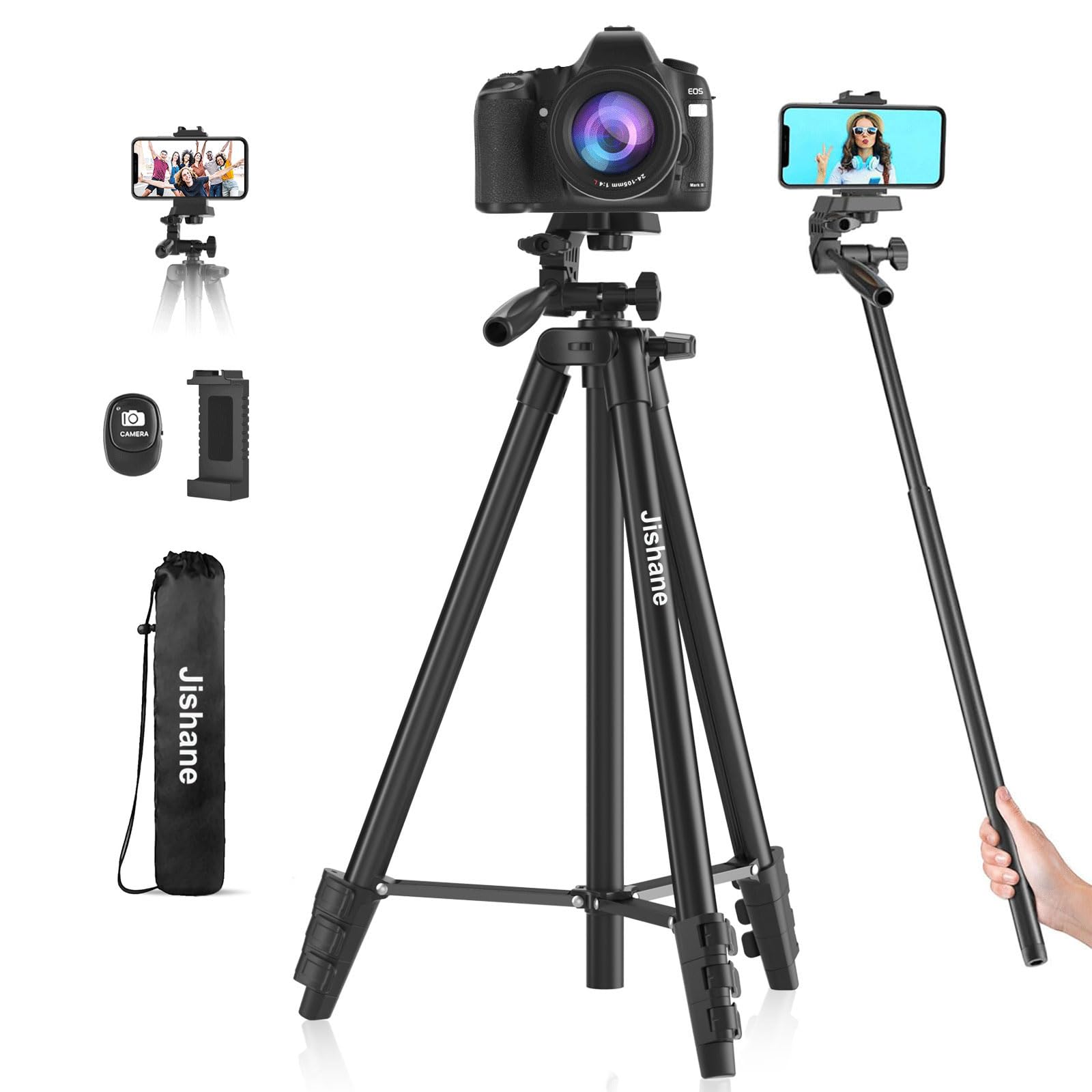 Jishane 71" Camera Tripod, Versatile Cell Phone Tripod With Wireless Remote Phone Holder And Carry Bag, Lightweight Portable Camera Tripod Stand Compatible With Smartphone Cameras, Max Load 6.6 Lbs