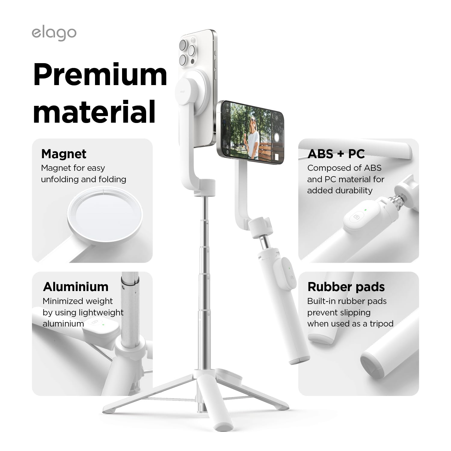 Elago Magnetic Selfie Stick Tripod Compatible With Magsafe For Iphone And Galaxy, Strong Magnetism, Portable, Lightweight, Extendable [Pouch, Bluetooth Remote, Guide Sticker Included] [White]