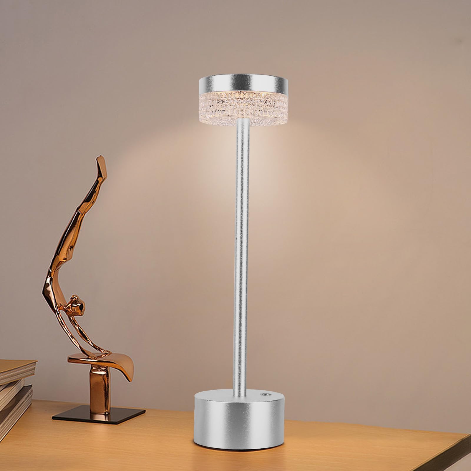 Kiandqu Cordless Modern Table Lamp, Rechargeable Battery Powered Desk Lamp, 3 Color Stepless Dimmable Led Table Lamp With Usb Port, Touch Lamps For Bedrooms Camping Restaurant Home (Sliver)