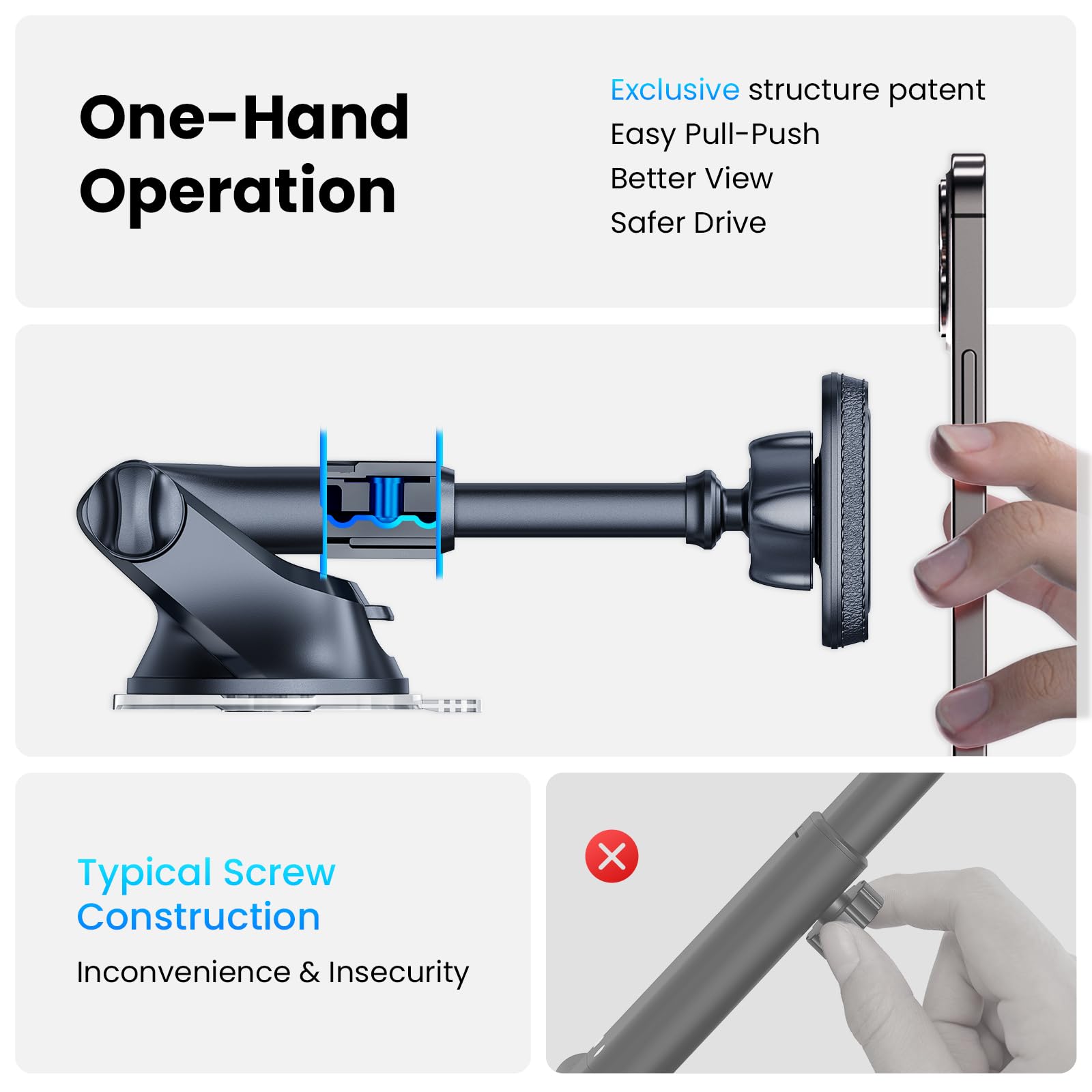 Apps2Car Magnetic Phone Mount For Car – Industrial Suction Cup Dashboard & Windshield Holder With Telescopic Arm, 6 Strong Magnets – Universal Fit For Iphone & Android (Metal Plate Required)