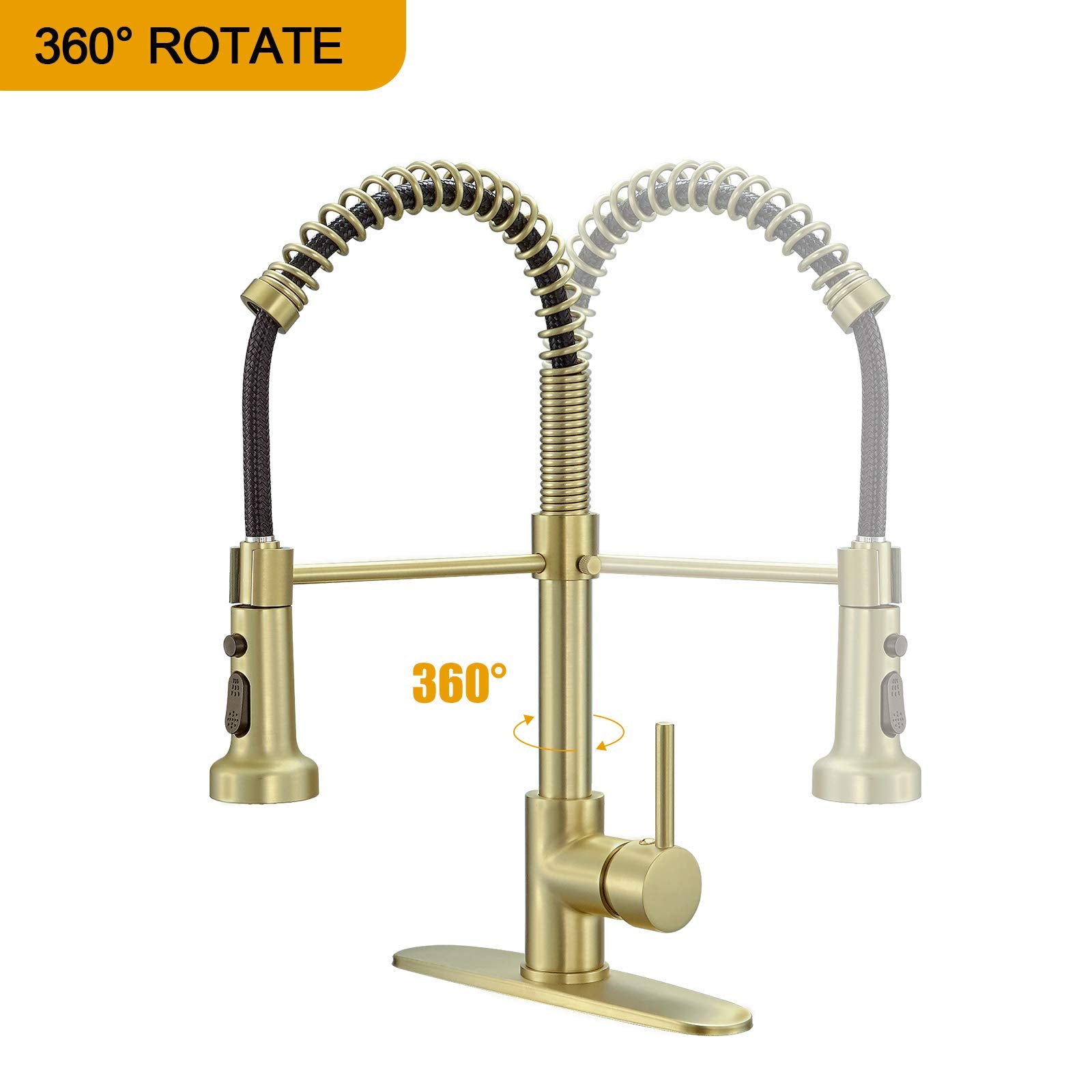 Besy Brushed Brass Kitchen Faucet With Pull Out Sprayer, High-Arc Single Handle Single Lever Spring Rv Kitchen Sink Faucet With Pull Down Sprayer, 3 Function Laundry Faucet, Brushed Gold