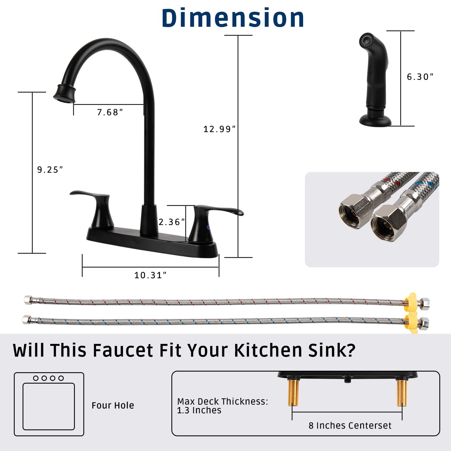 Allkorma Kitchen Faucet With Side Sprayer, 2 Handles High Arc Kitchen Faucet With Pull Out Sprayer, 4 Holes 8 Inch Centerset Kitchen Sink Faucet, Stainless Steel, Matte Black