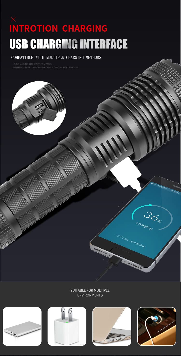 Proforus Led Flashlight, 10000 Lumens, Xhp70.2 Led, Usb Rechargeable, 5 Modes, Water Resistant, Durable Aluminum Alloy