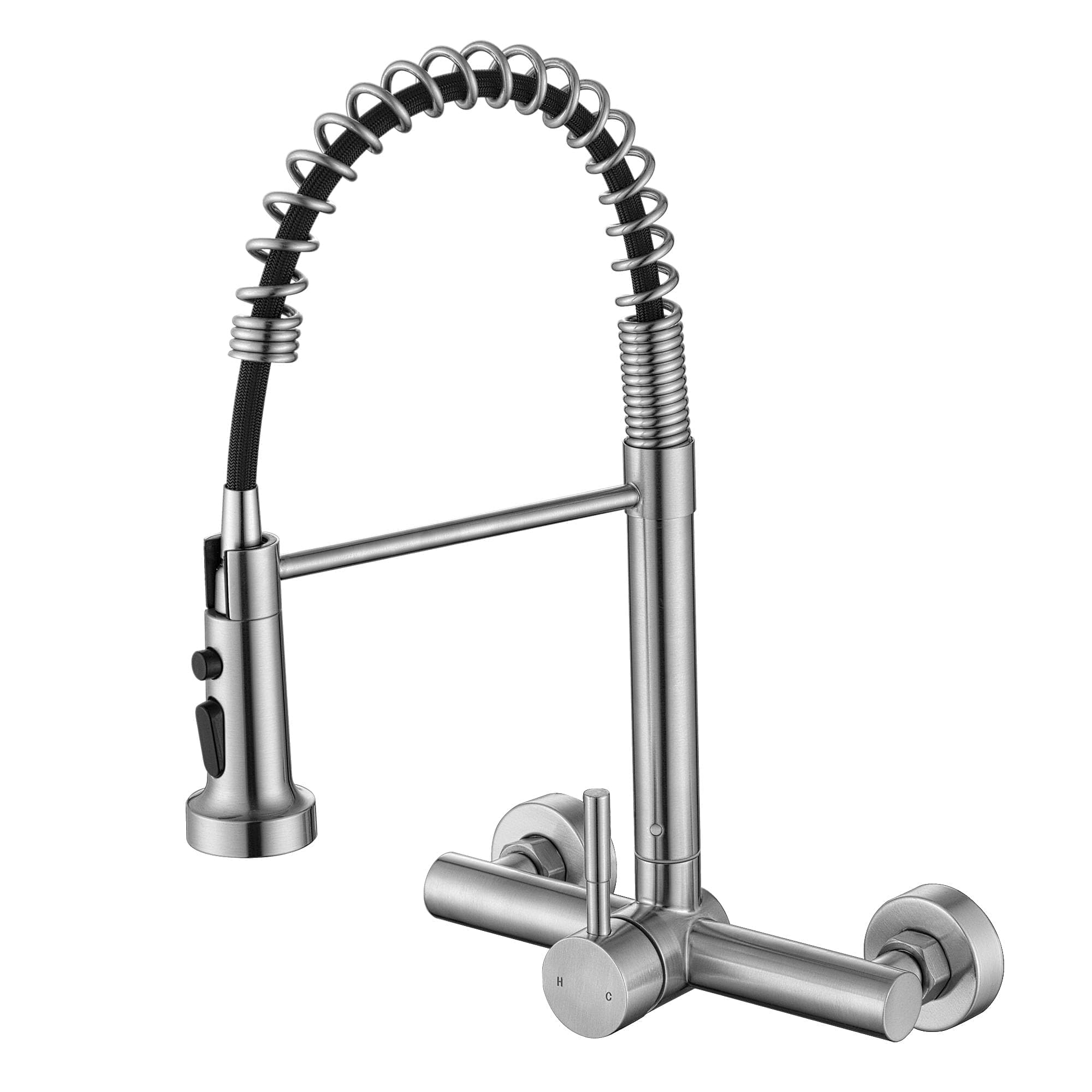 Zhyich Wall Mount Kitchen Faucet With Pull Out Sprayer, 8 Inch Center Commercial Kitchen Sink Faucet, Spot- Stainless Steel, Easy Controlled Cold And Hot Water