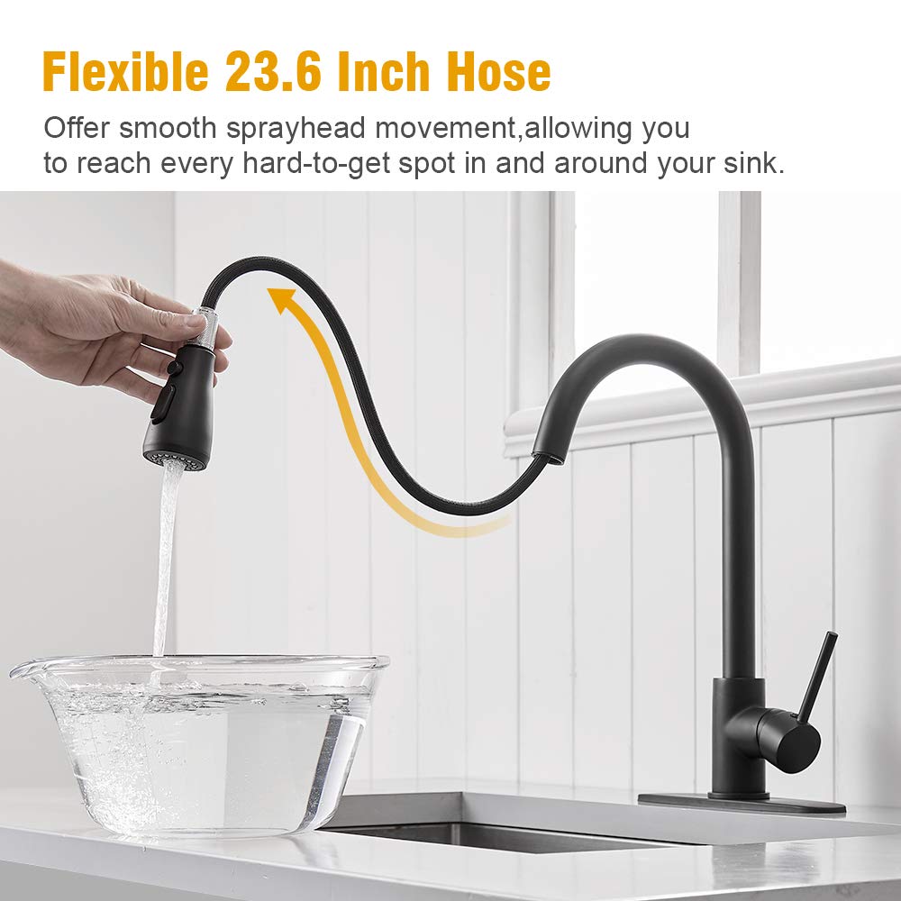 Besy Brass Single Handle Kitchen Faucet With Pull Down Sprayer,Rv High-Arc Kitchen Sink Faucet With Pull Out Sprayer,Single Lever 3 Function Laundry Room Faucet,Matte Black (1 Or 3 Hole)