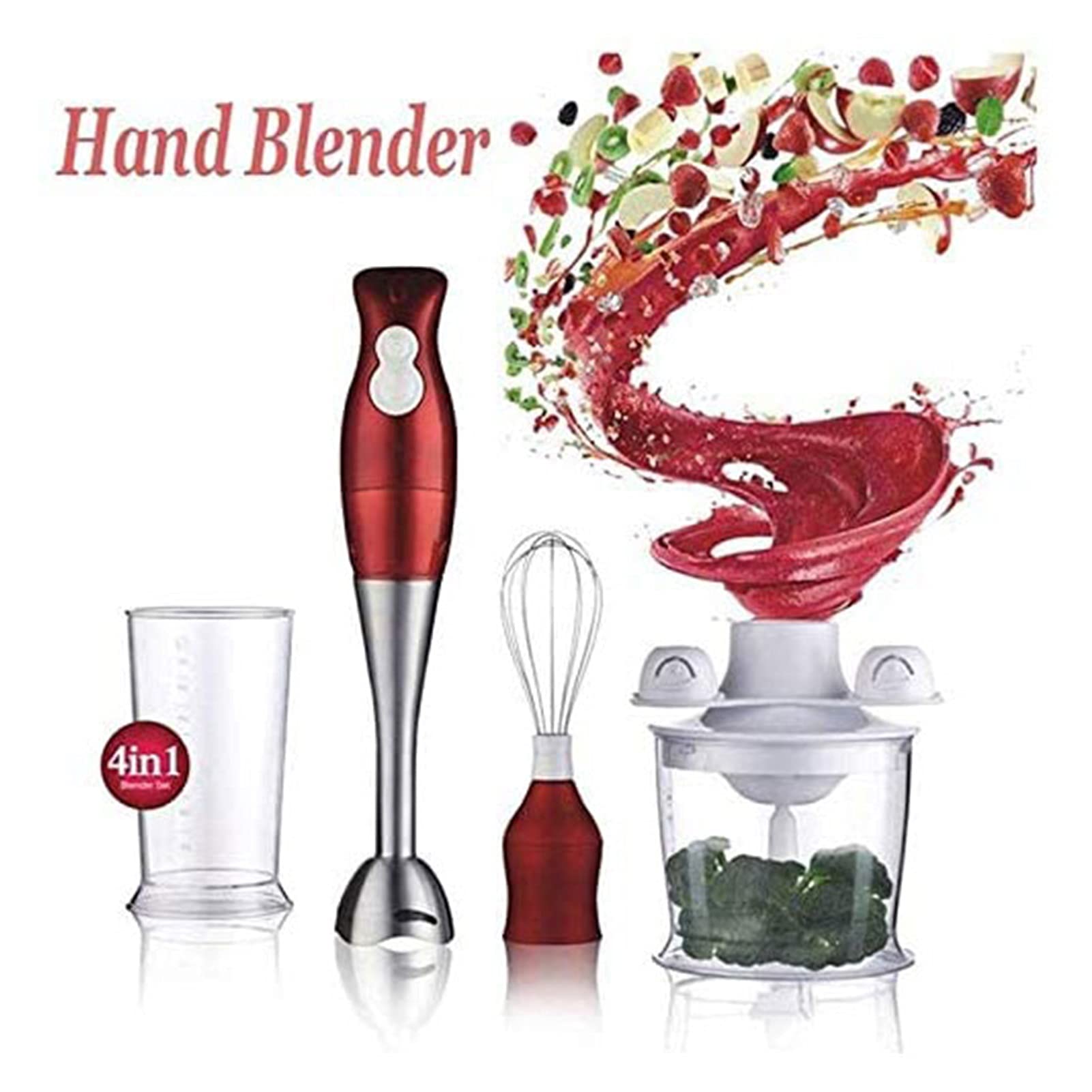 Hhwksj Immersion Hand Blender With Whisk Attachment, Quickly Mixes Sauces, Purees Soups, Smoothies & Dips, Bpa-, Easy To Clean, Stainless Steel/Red