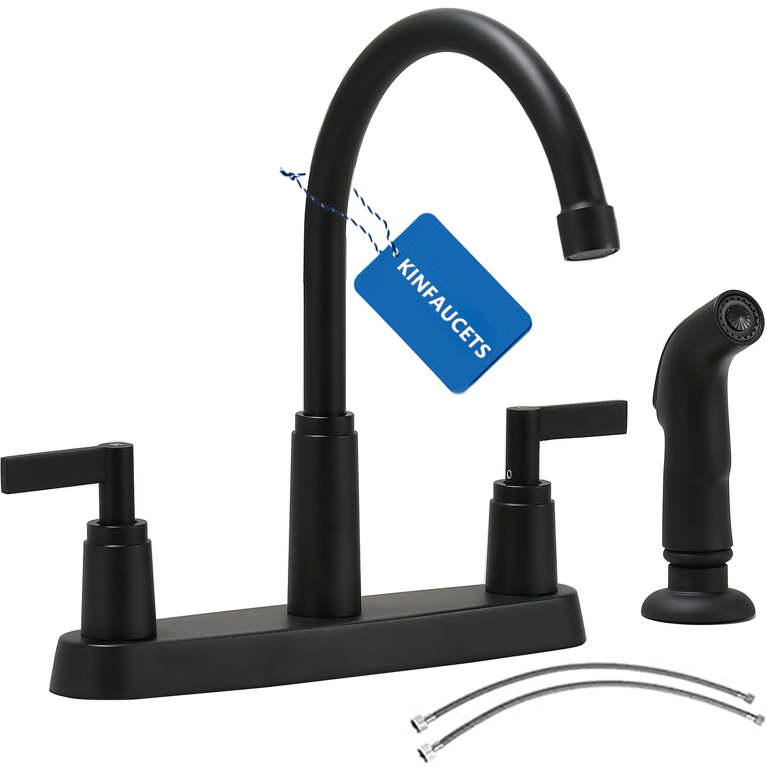 Rainmax Modern 2 Handle Kitchen Sink Faucet With Side Sprayer, High Arc 360 Swivel Stainless Steel 3 Or 4 Hole Kitchen Faucet For Rv Camper Laundry Utility Bar Sinks, Matte Black