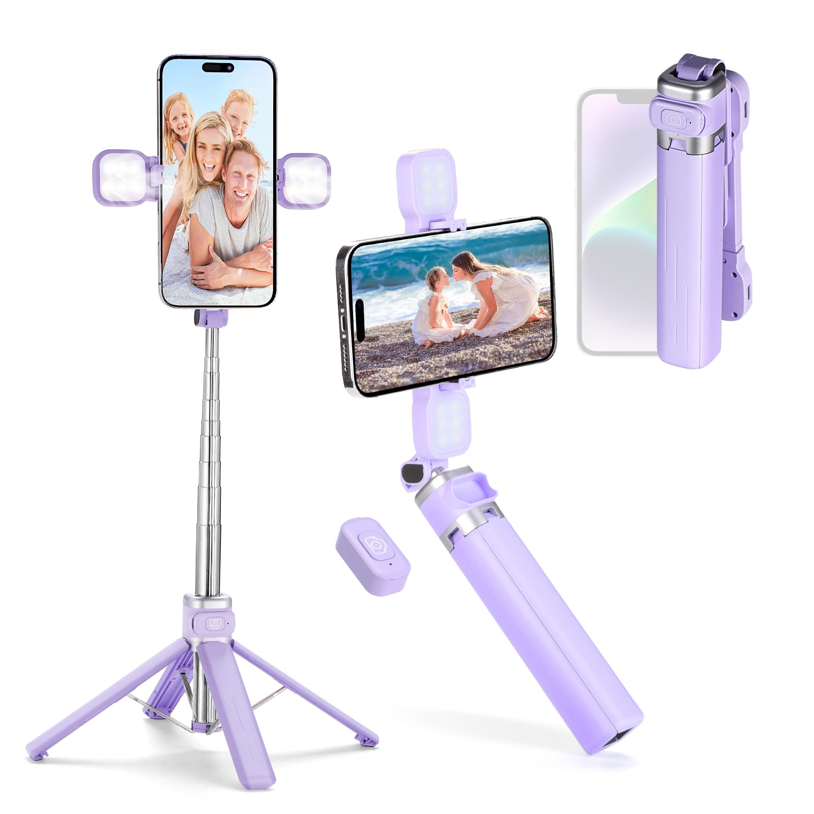 Mqouny Mini Iphone Tripod Stand & Selfie Stick With Wireless Remote & Removable Light, Extendable Stand 360 Rotation Compatible With Iphone & Android Samsung (Purple)