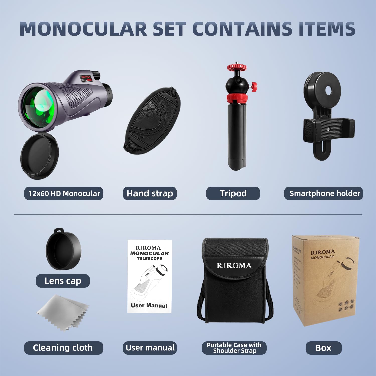 Riroma 12X60 Monocular Telescope High Powered With Smartphone Adapter Tripod Plus Portable Bag, Larger Vision Monoculars For Adults With Bak4 Prism & Fmc Lens, Suitable For Bird Watching Hiking Acmeopts
