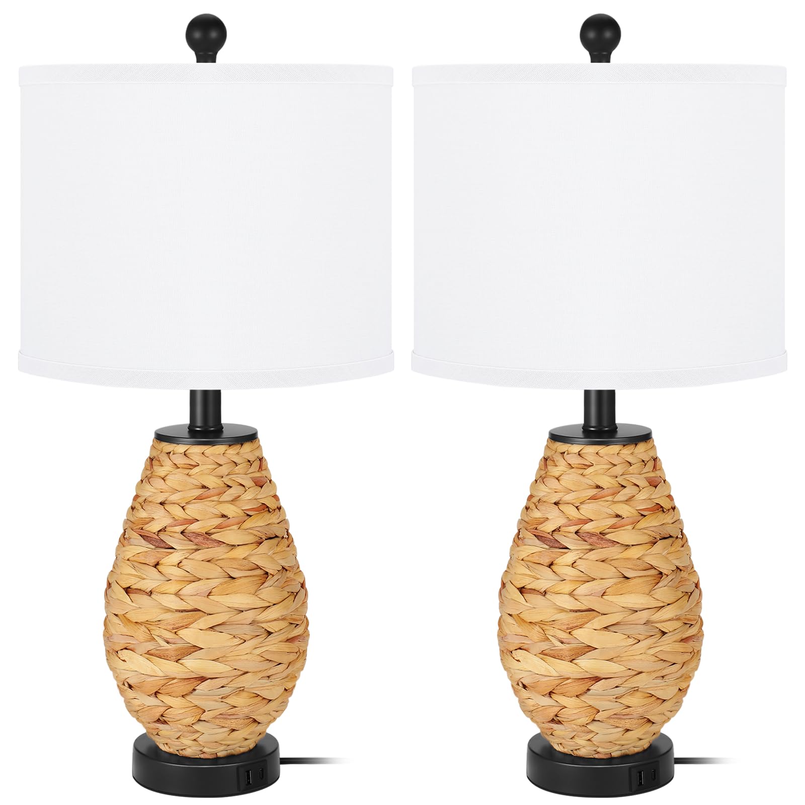 Tpamswo Coastal Table Lamps Set Of 2, Retro Natural Seagrass Rattan Woven 24" Bedside Lamp, For Bedroom Living Room Home Nightstand Table Lamp(With Usb C+A 5V 2.1A Charging Ports)