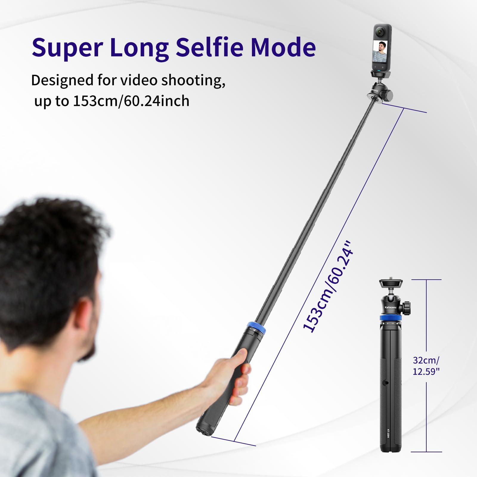 Kaitezenz Selfie Stick Tripod For Gopro Camera, 62" Extendable Tripod Stand With 360° Ball Head 1/4" Screw, Portable Lightweight Camera Tripod For Gopro Max Hero 11 10 9 8 7 6 5 Dji Osmo Action Camera