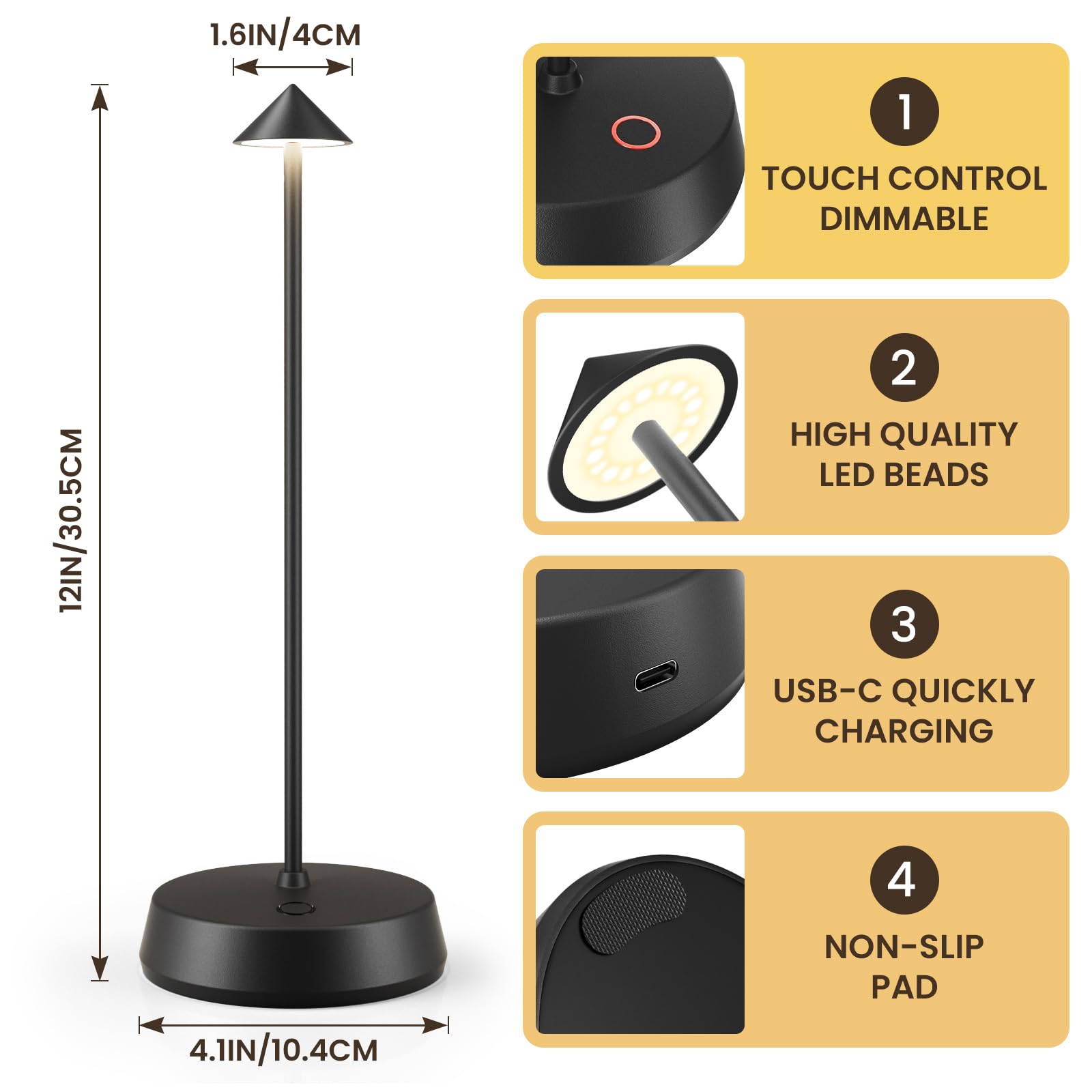 Kanweis Cordless Table Lamps Rechargeable, 6000Mah Led Battery Operated Desk Lamp, Portable Outdoor Waterproof Touch Stepless Dimmable Wireless Table Light For Dining Restaurant Home Patio (Black-1Pc)