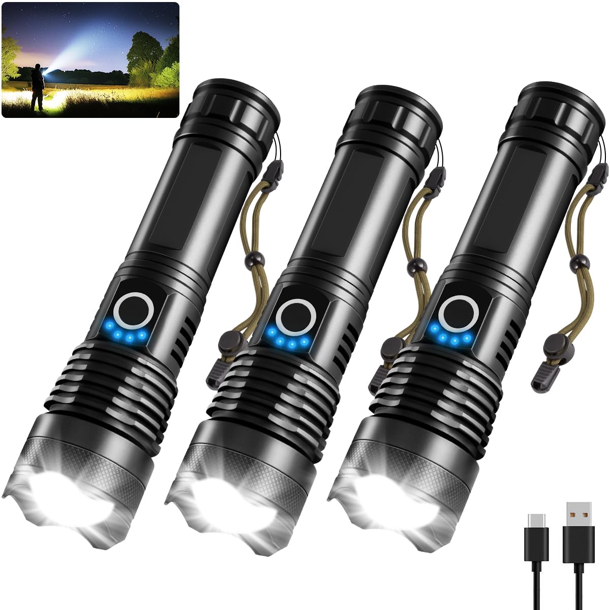 Uuyee 3Pack Rechargeable Flashlights High Lumens, 990000Lm Super Bright Flashlight, 5Modes Led Flashlight Rechargeable, Adjustable Tactical Flashlights High Powered, Flash Lights For Emergency Camping Home