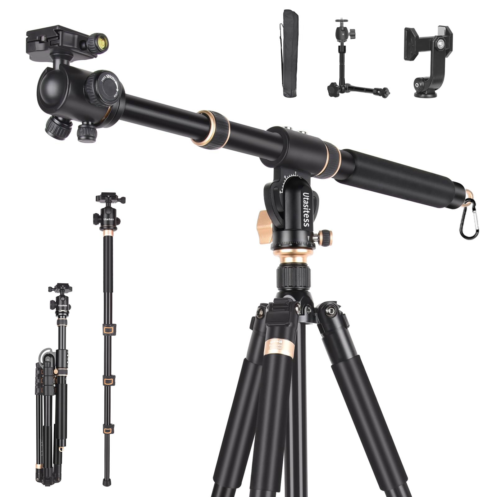 Utasitess 86.6 Inch Camera Tripod Monopod With Center Column And Ball Head Aluminum, Arca Type Qr Plate,Horizontal Overhead Tripod For Dslr Camera Video Camcorder, Heavy Duty Max Load: 27Lb