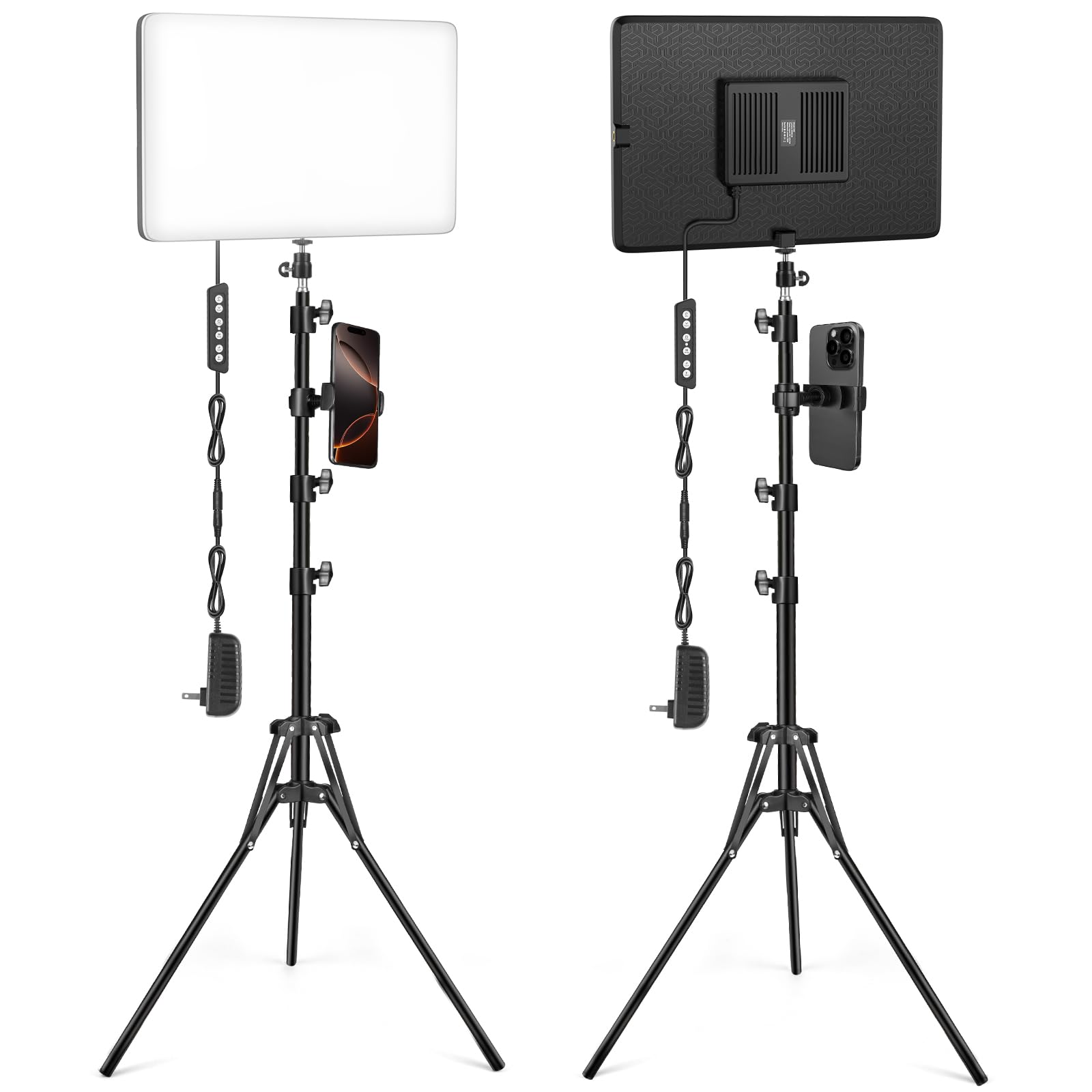 Icceue 2-Pack Led Video Light Kit With 63'' Tripod Stand, 2500K-8500K Dimmable Studio Light Photography Panel Lighting For Video Recording Game Live Streaming Podcast Youtube Filming, Phone Holder