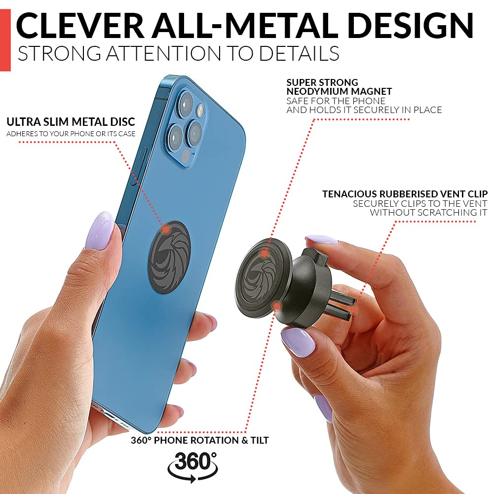 Caw.Car Accessories   Magnetic Cell Phone Holder For Car Vent【 All-Metal 】- For Any Smartphone (Iphone, Android, Gps)  Stylish All-Metal One-Hand & One-Sec Phone Mount For Car, +100 To Safeness & Comfort