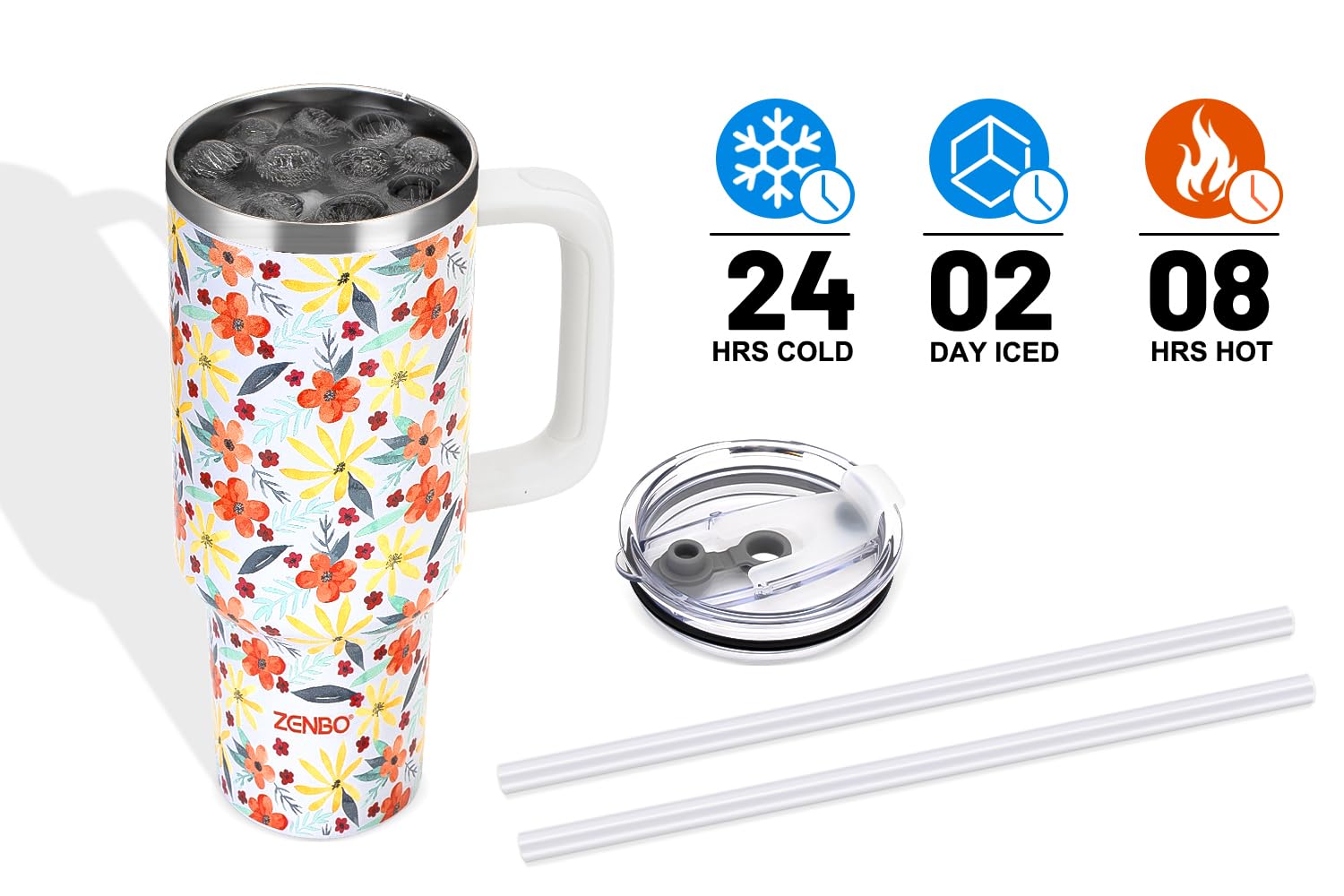 Zenbo 40 Oz Tumbler With Handle And Straw Lid  Insulated Cup Reusable Stainless Steel Water Bottle