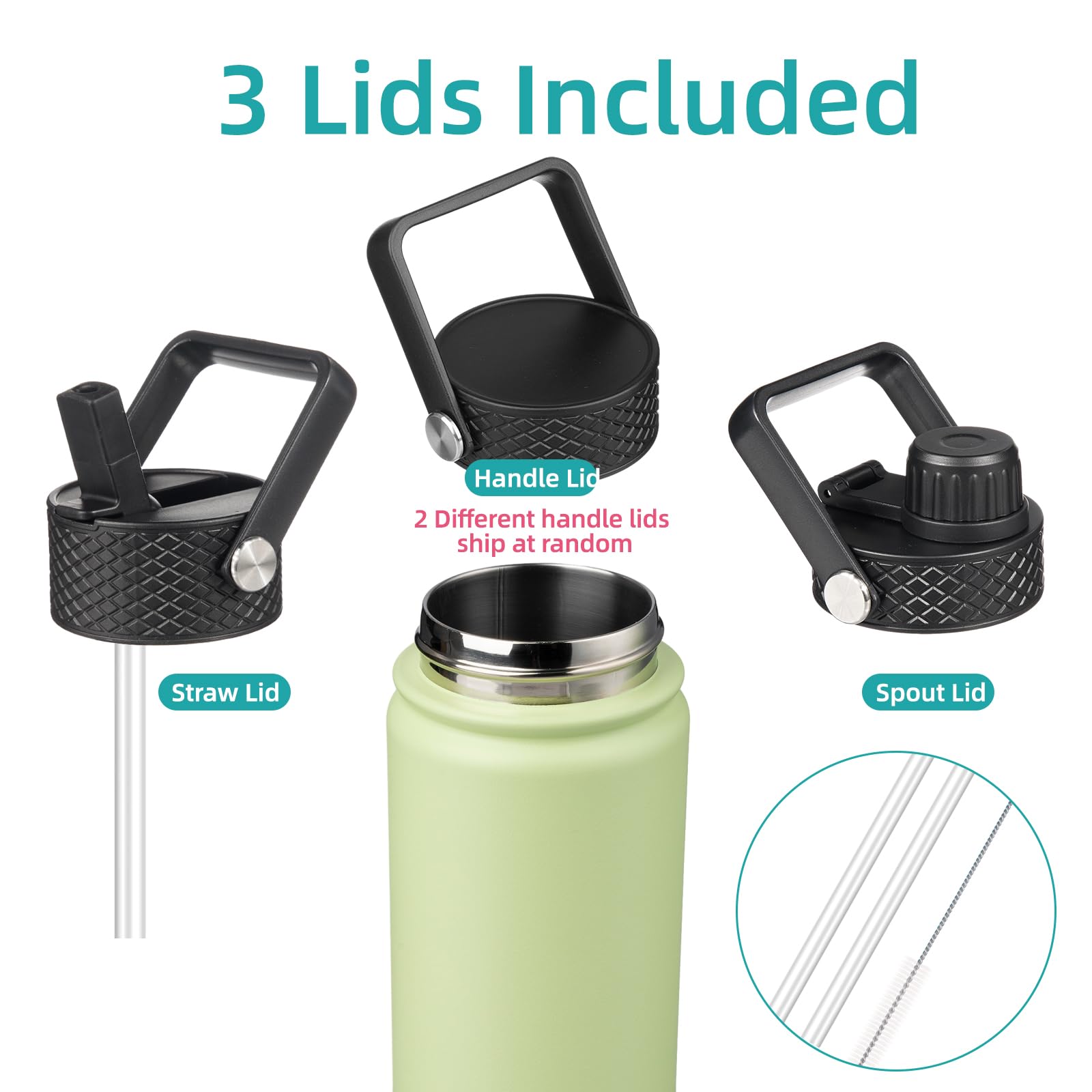 22Oz Stainless Steel Bottles With 3 Lids Sport Insulated Water Bottle,Macaron Green