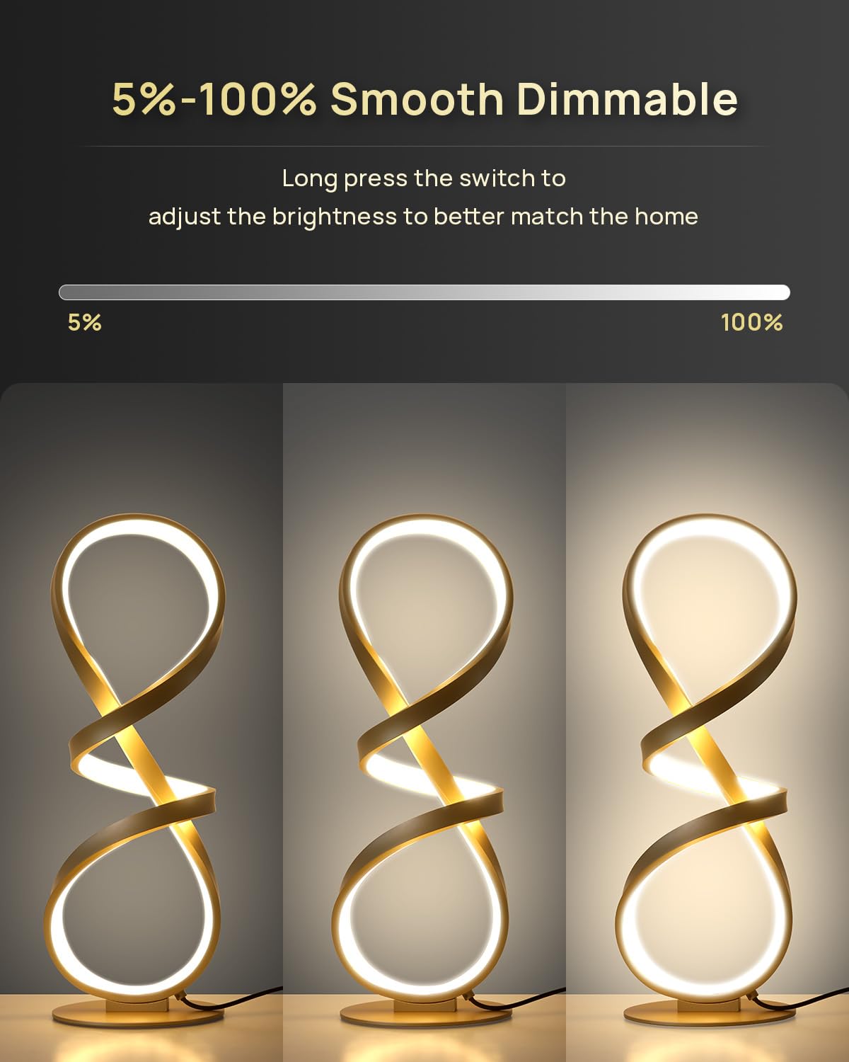 Jioodich. 2 Pack Table Lamps, Led Touch Dimmable Spiral Desk Lamp, 3 Color Temperature Modern Nightstand Lamp, Unique Bedside Lamp For Living Room, Bedroom, Cool Lamps For Ideal , Gold