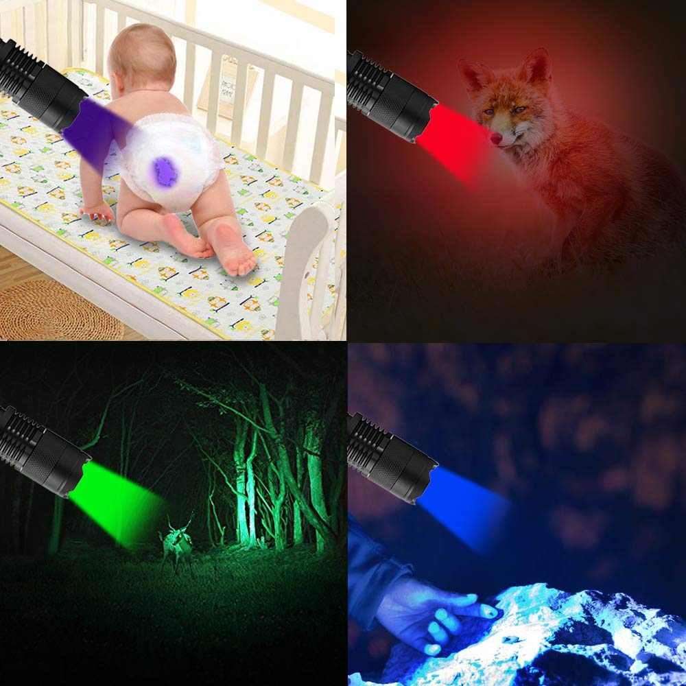 Gaigaimall 4 Colors Flashlights Including Red Green Blue Black Light Flashlight, 3 Mode Zoomable Led Hunting Torch, 4 Pack
