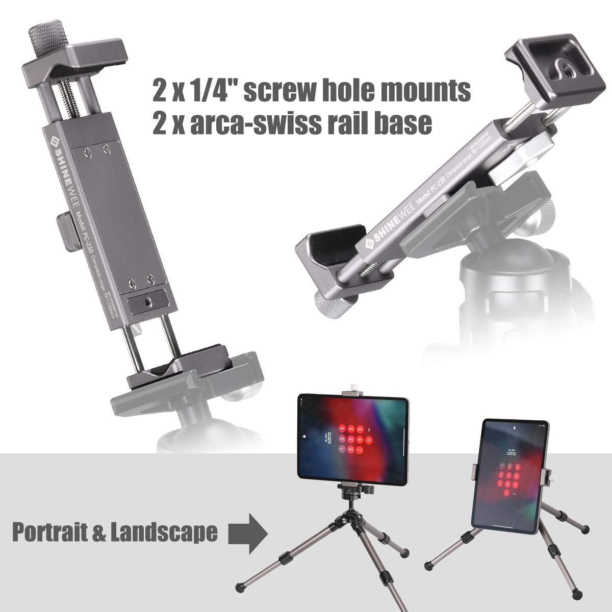 Shiee Full Metal Tablet Tripod Holder – Compatible With Ipad Mini, Air, Pro 1/4" Screw & Arca Dovetail Mounts Universal Tablet Clamp Adapter