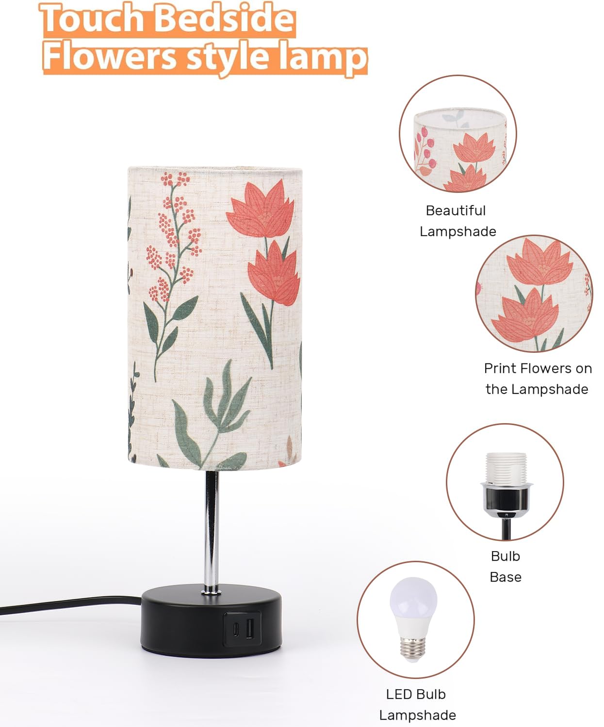 Lanmonlily Touch Control Desk Lamp With 2 Usb Ports, 3-Way Dimmable Bedside Lamp For Bedroom, Nightstand Lamp With Round Flower Fabric Shade For Living Room, Home Office