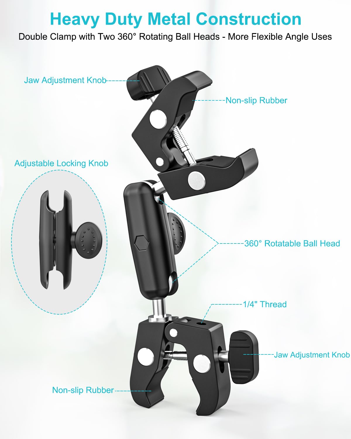 Dosvsi Double Super Clamp Camera Mount, [With 1/4" Screw Holes] Metal Adjustable Dual-Heads Clip With Magic Arm, Heavy Duty Pole Clamp Holder For Photography/Light Stand/Tripod/Studio/Selfie Stick