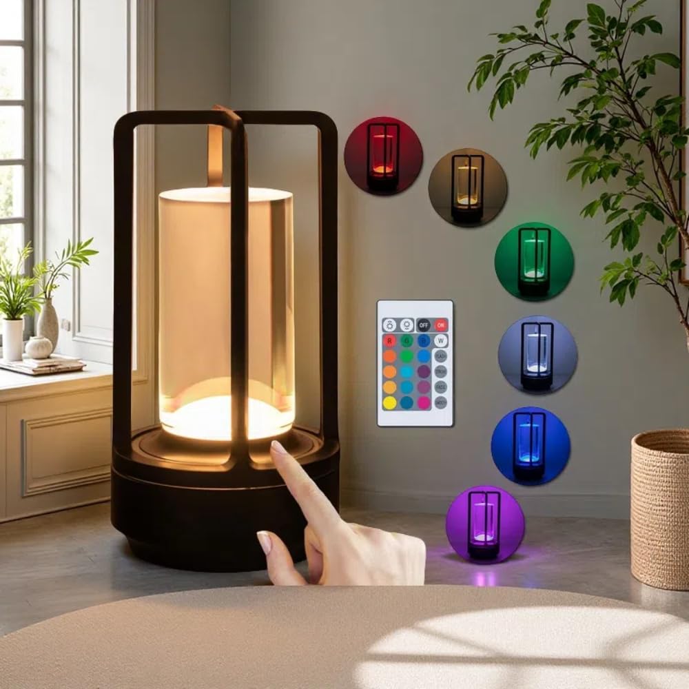 Ouvr Portable Metal Table Lamp With Remote Control - 16 Color Rechargeable Cordless Led Desk Lamp, Small Crystal Table Lamp For Restaurant Bedroom, Cafe, Outdoor Camping Patio Lighting (Black)