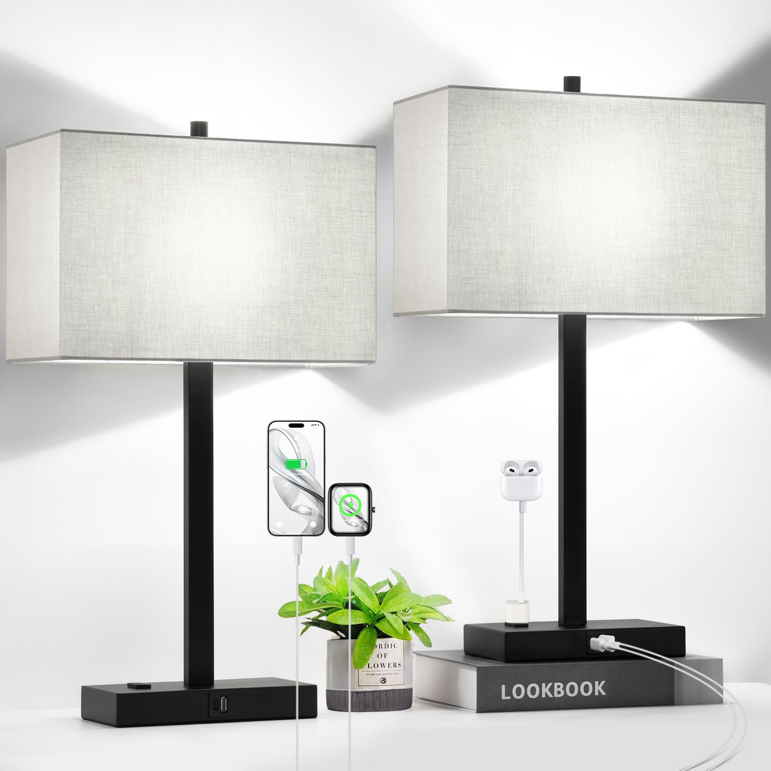 Lynnoland 21" Set Of 2 Touch Control Table Lamps With 2 Usb & Ac Outlets, 3-Way Dimmable Modern Nightstand Lamps For Bedroom Living Room Office Reading, Gray Shade Bedside Lamps, 5000K Led Bulbs Included