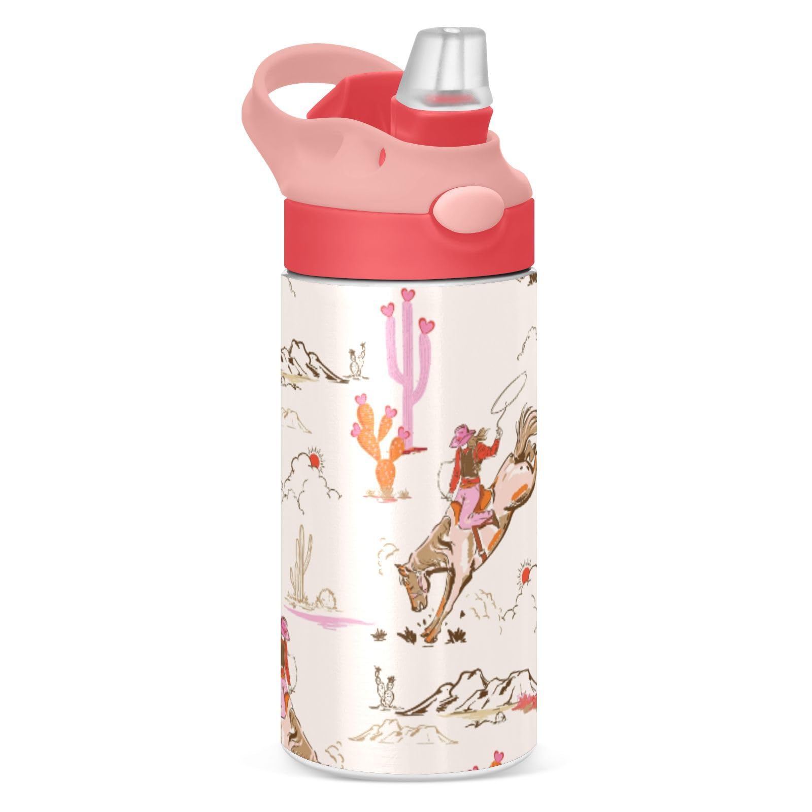 Cute Rodeo Cowgirl Kids Water Bottle, Insulated Stainless Steel Water Bottles With Straw Lid, 12 Oz