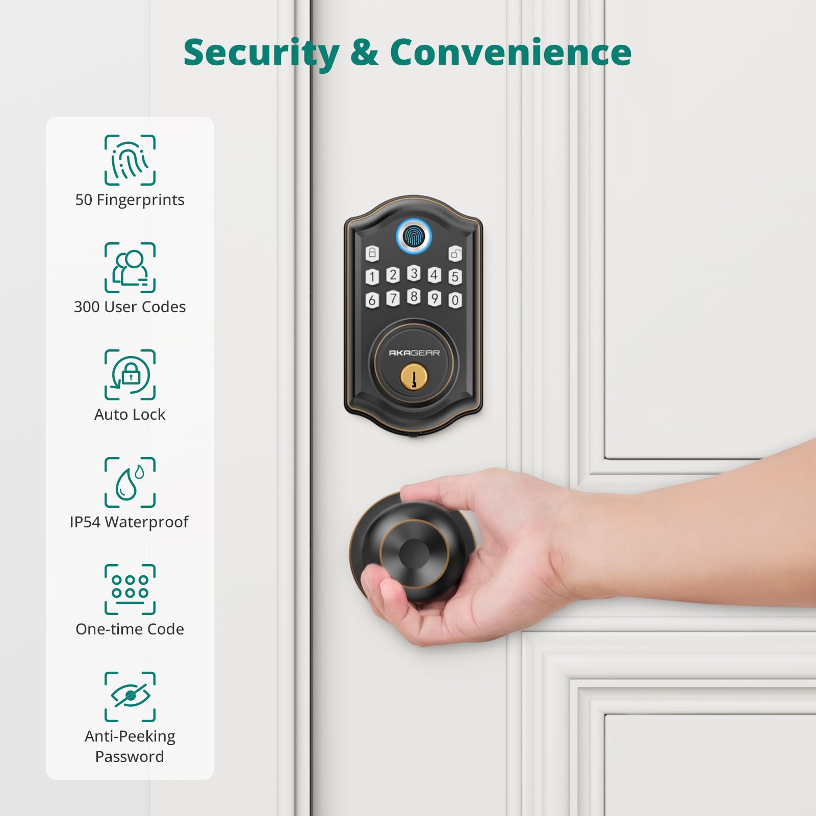 Akagear Keyless Entry Door Lock With Door Knob Handle, Fingerprint Door Locks, Electronic Smart Deadbolt, Keypad Door Lock With Code, Smart Locks For Front Doors, Auto-Lock & One Touch Locking