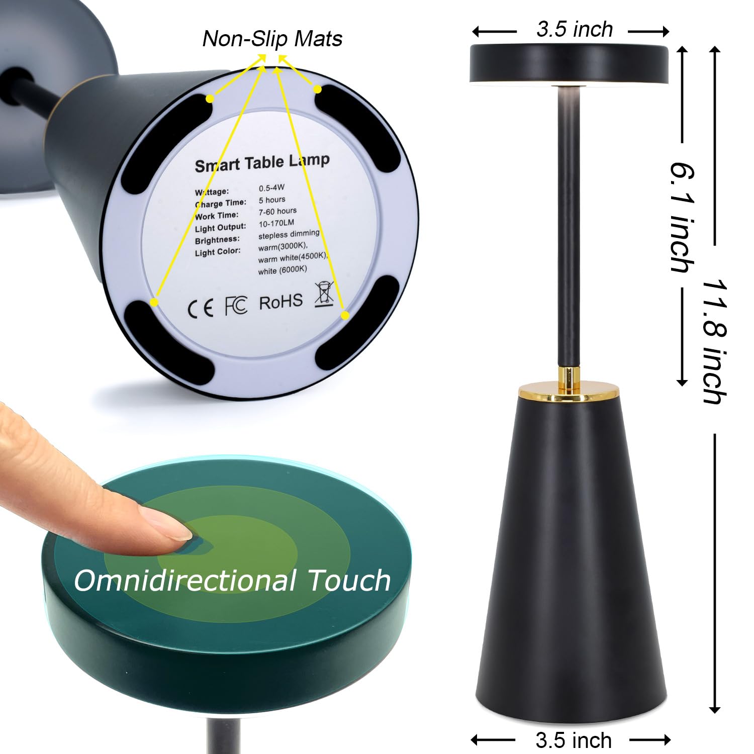 Joyfulbid Cordless Table Lamps, Touch Control Battery Operated Desk Lamp For Living Room Set Of 2, Bedside Lamps For Nightstand, Rechargeable Led Desk Lights For Bedroom/Restaurant/Cafe/Bars/Outdoor/(Black)