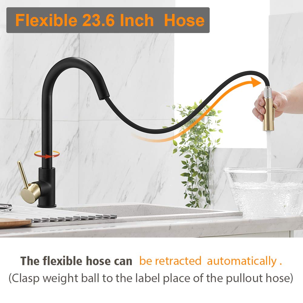 Hoimpro High-Arc Single Handle Kitchen Sink Faucet With Pull Out Sprayer, Modern Rv Kitchen Faucet With Pull Down Sprayer, Touch Water Faucet, Brass/Matte Black & Gold(1 Or 3 Hole)