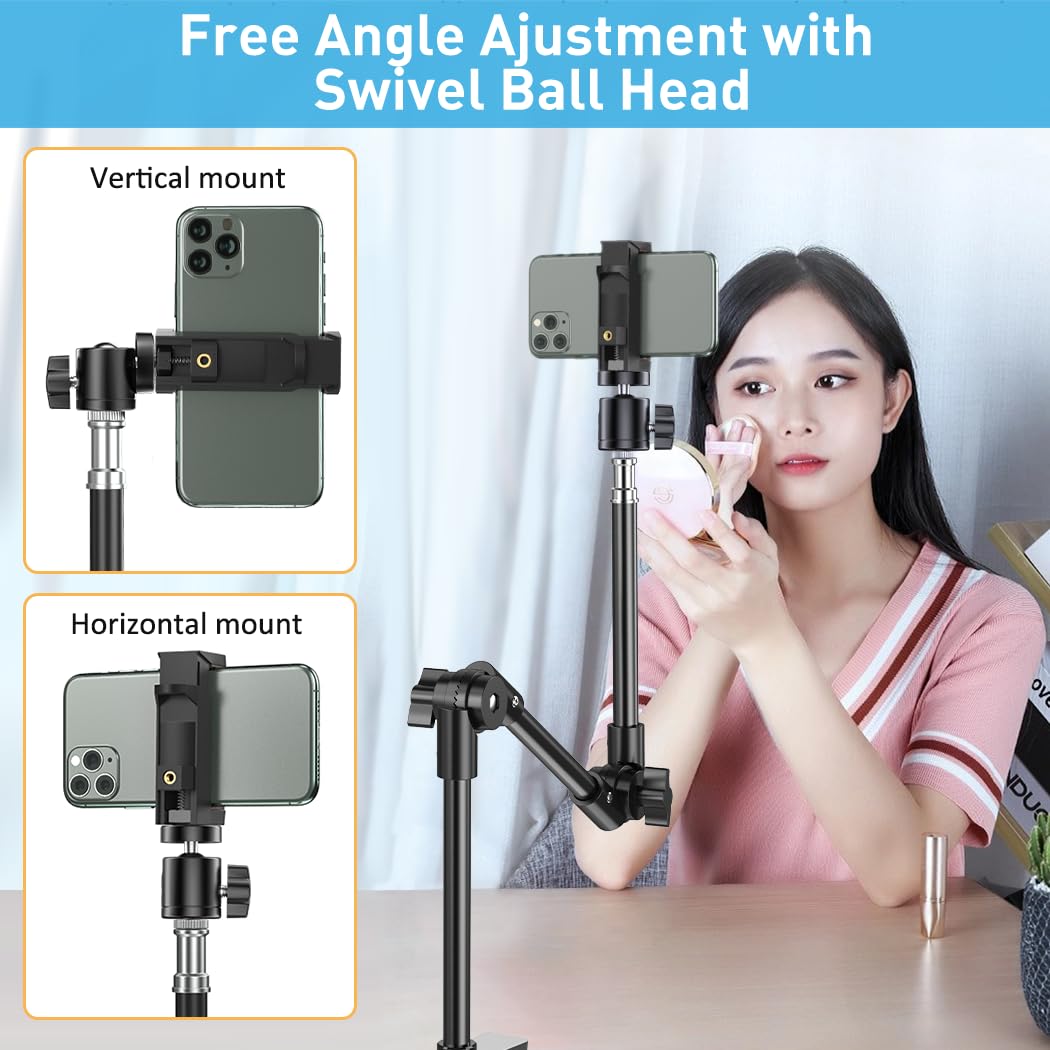 Kdd Webcam Stand Camera Mount With Phone Holder, 22 Inch Foldable Flexible Gooseneck Cell Phone Clamp & Table Projector Mount, For Logitech C922 C930E C920S C920 C960 Brio 4K, Gopro Hero 8 7 6 5