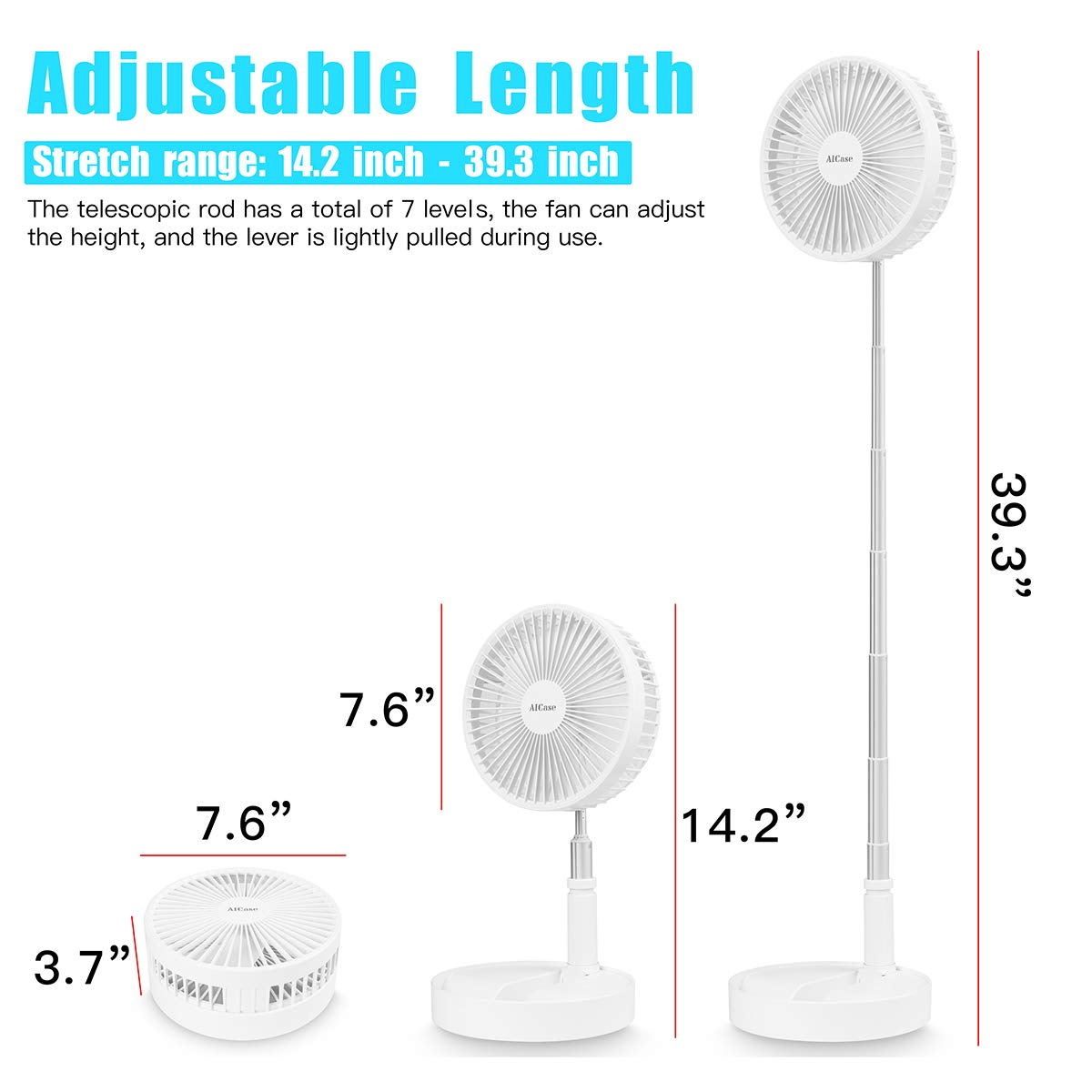 Telescopic Aicase fan with USB charging, 7200mAh battery, providing powerful and portable cooling