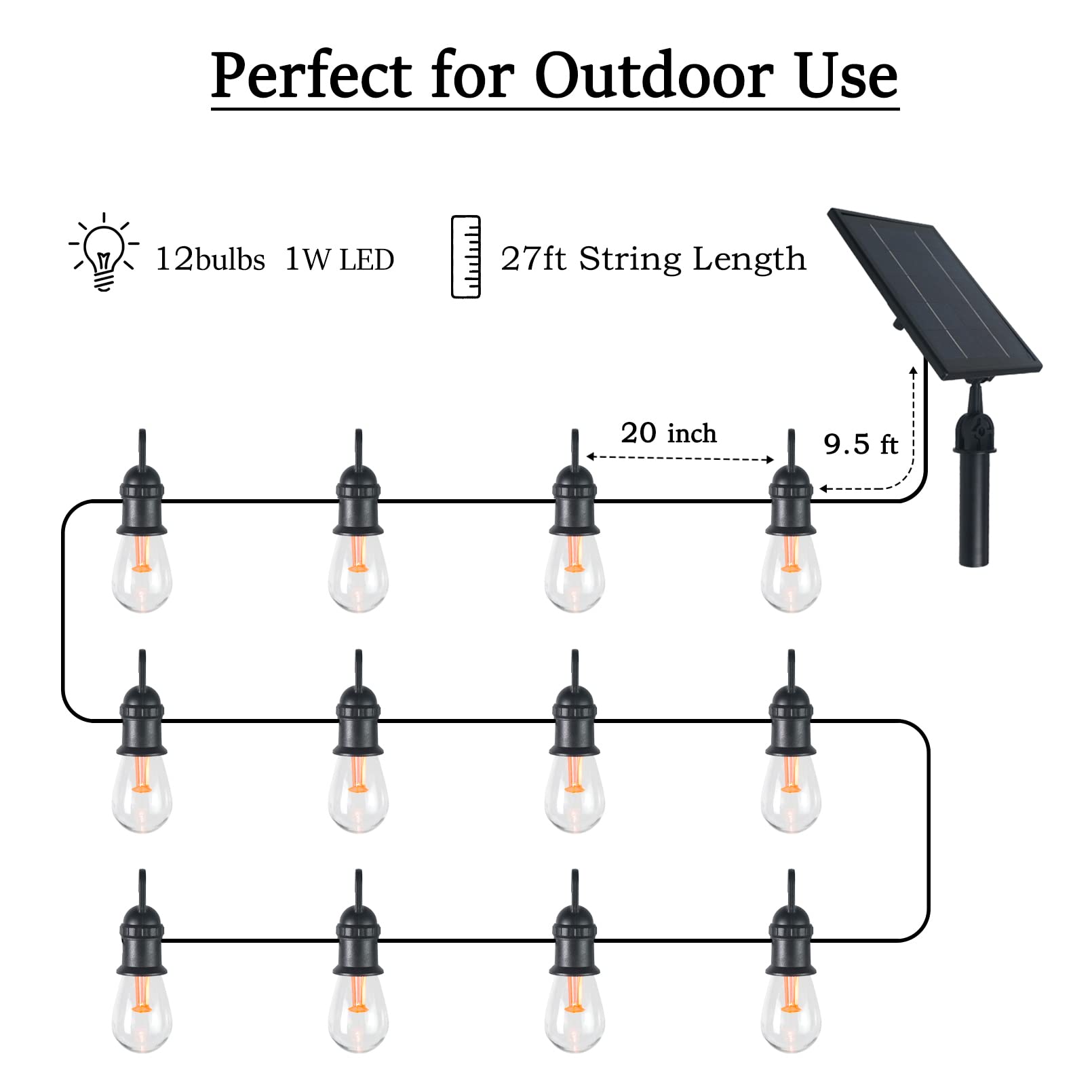 Luwint 27Ft Solar String Lights - 12 Bulbs, Waterproof Fairy Hanging Lights For Outdoor Patio, Garden, Yard, And Deck Decoration - Solar Powered Led Lights