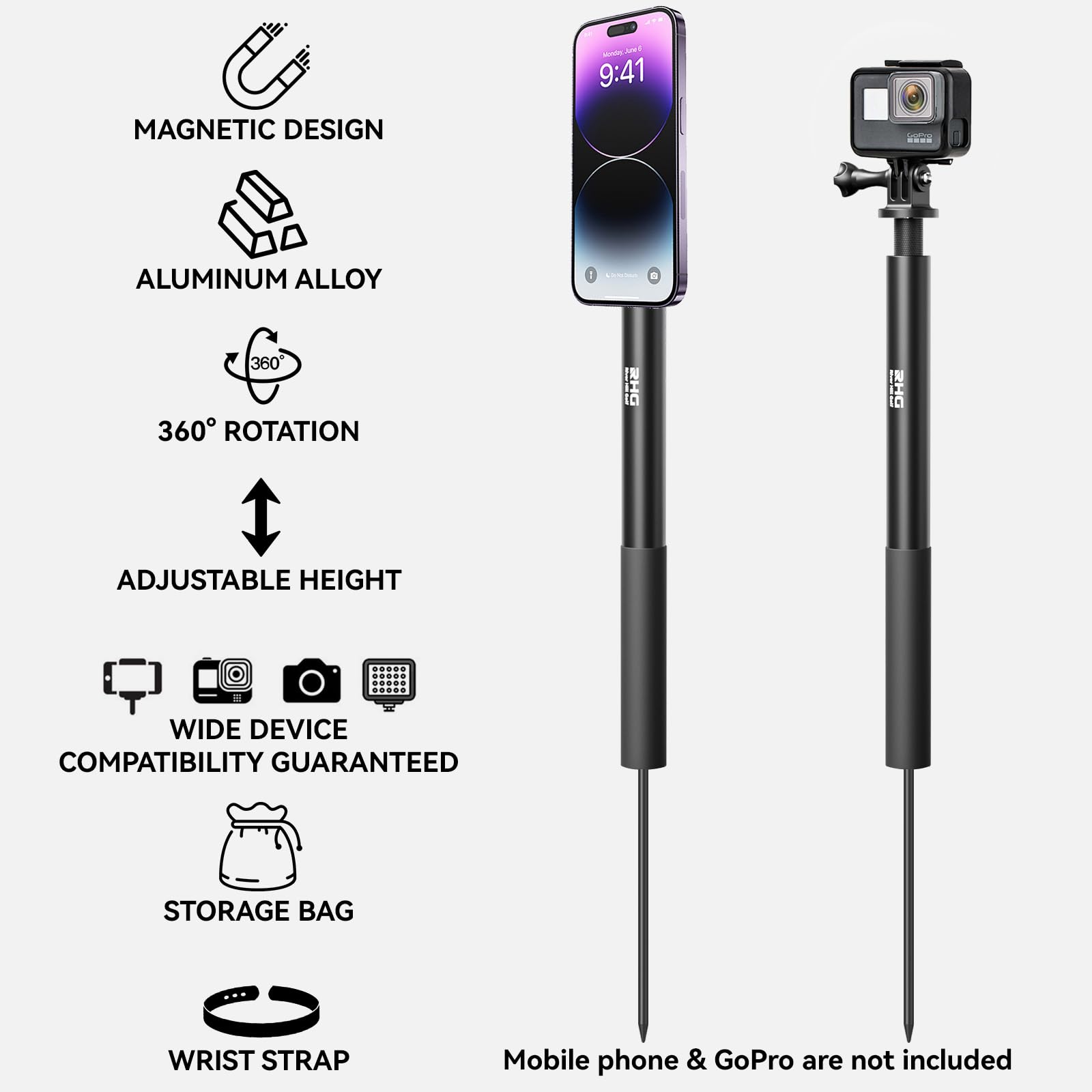 River Hill Golf Golf Monopod Stick, Golf Swing Phone Holder, 46" Magnetic Aluminum Alloy Selfie Stick W/Spike Stake Mount, Compatible W/Iphone Camera Magsafe, Adjustable Heigh Tripod, Golf Training Aid