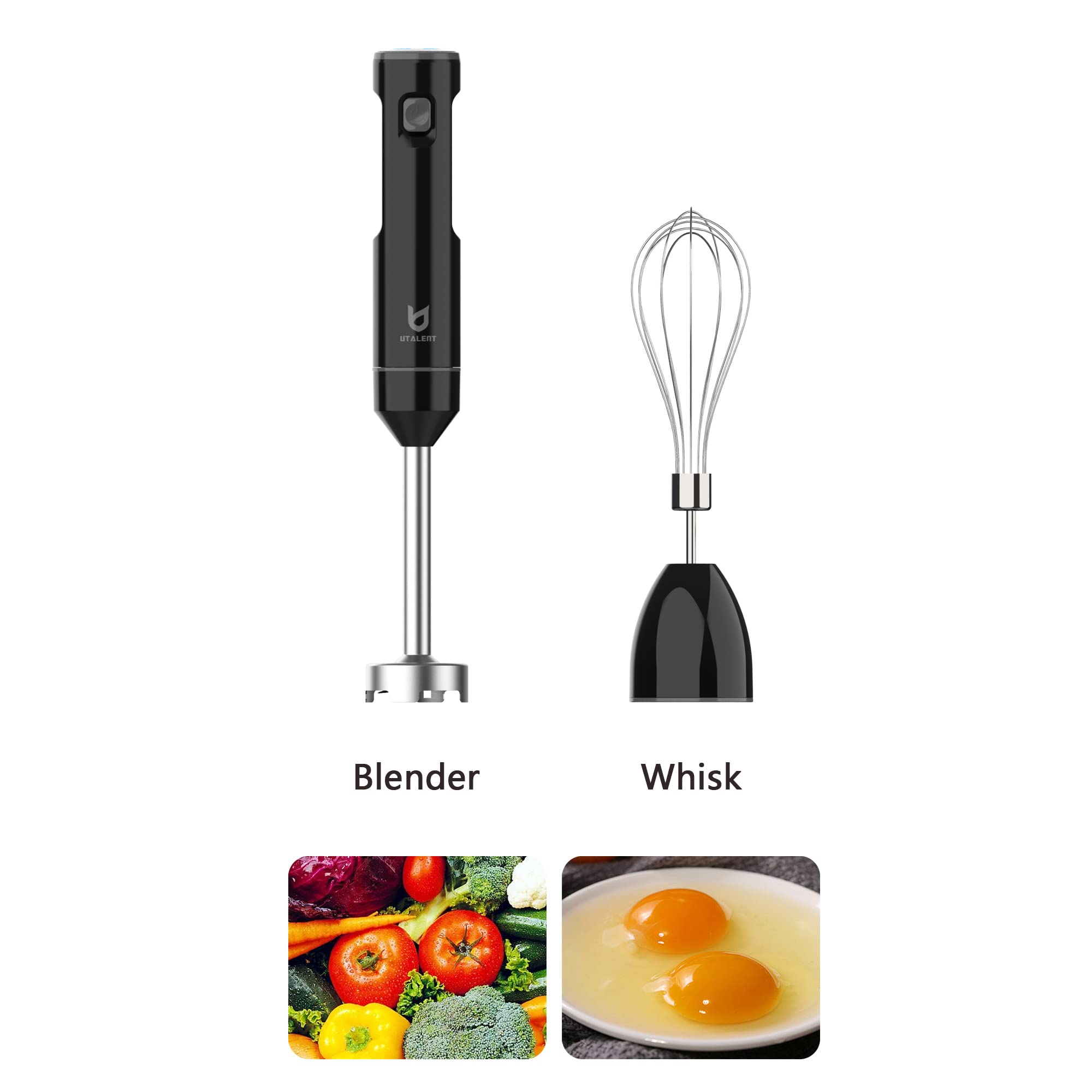 Utalent Cordless Hand Blender, Variable Speed Immersion Blender Handheld Rechargeable, With Usb-C Charging Cable, Egg Whisk, For Smoothies, Milkshakes, Hummus And Soups – Black