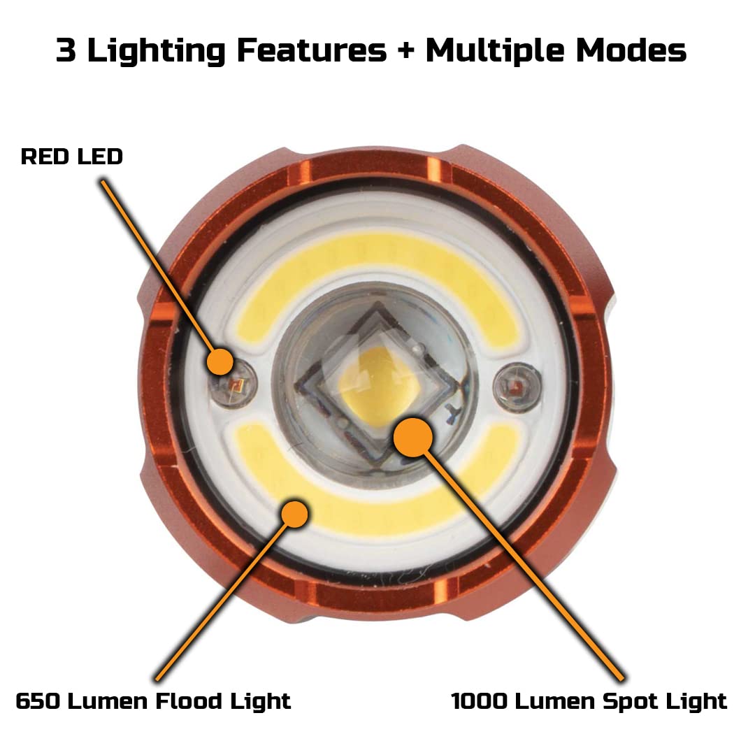 Blackfire Klein Tools Outdoors - Rechargeable 2-Color Led Weatherproof Flashlight Bbm6413, 1000 Lumens, Holster And Usb-C Cable Included, Red Led, Spotlight, And Flood Light, For Outdoor Use