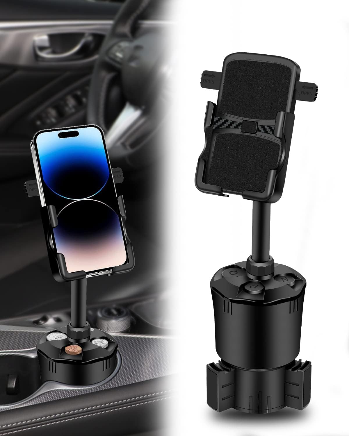 Aoisva Car Cup Holder Phone Mount, Multifunctional Car Cell Phone Holder Coin Holder, Long Arm With 360 Degree Rotation, Compatible Iphone, Samsung & All Smartphones