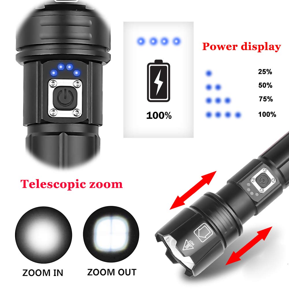 Proforus Handheld Flashlight 8000 Lumens, Xhp70.2 Led Flashlight High Lumens Usb Rechargeable Utility Flashlight High Powered Flashlights Torch Zoomable 5 Modes With Power Display And Usb Output