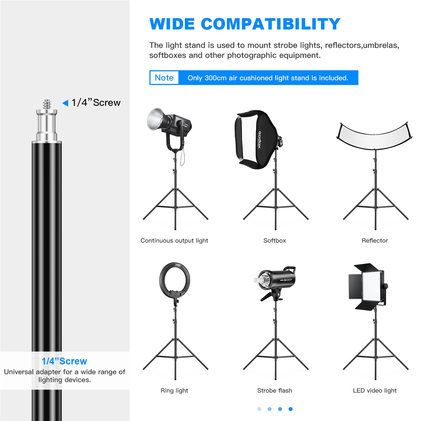 Soonpho Heavy Duty Light Stand 9.8Ft / 3M Adjustable 10Kg/ 22Lb Max Loading Photography Air Cushioned Tripod Stand With 1/4" Thread Used For Video Light, Strobe, Reflectors, Umbrella, Softboxes